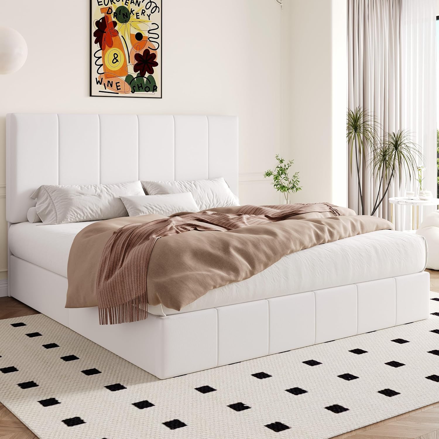 Allewie King Size Velvet Lift Up Storage Bed Frame, Vertical Channel Tufted Headboard, Hydrualic Underneath Storage, Upholstered Platform Bed, Wooden Slats Support, No Box Spring Needed, White