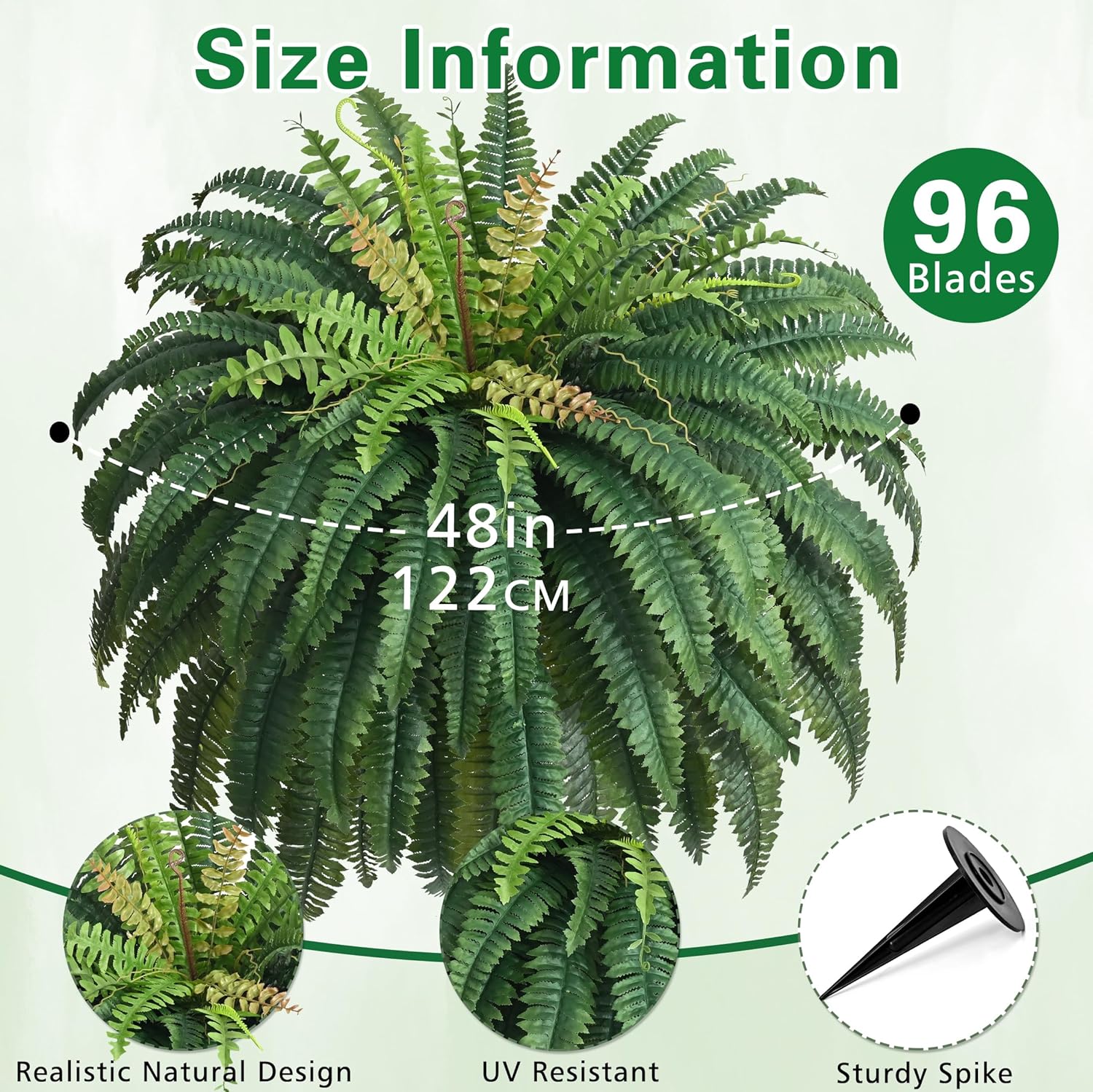 48in 96 Leaves Large Fake Ferns-Set of 2 Artificial Plants Outdoor, UV Resistant Artificial Ferns for Outdoors, Realistic Faux Boston Fern Fake Plants for Porch Home Garden Patio Hanging Decor - Image 3