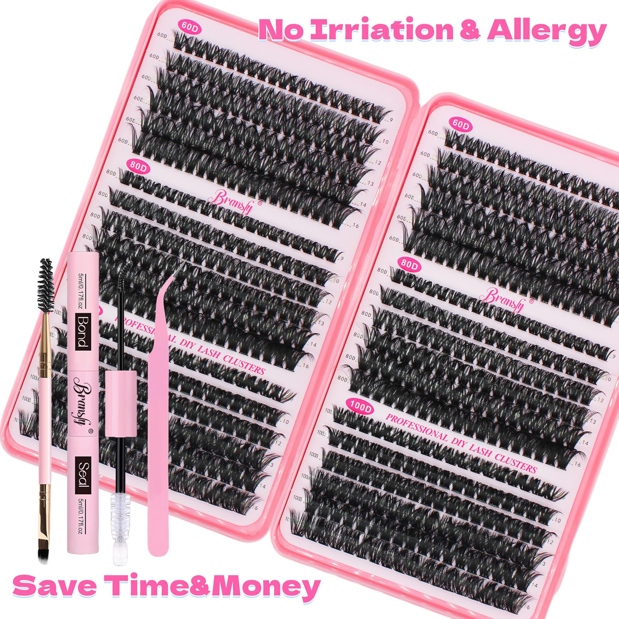 Bransfy 3 Styles 684pcs Lash Clusters Kit DIY Lash Extension Kit D Curl Eyelash Extensions 9-16MM Cluster Lashes with Waterproof Lash Bond and Seal Tweezers(60D+80D+100D,Kit) - Image 3