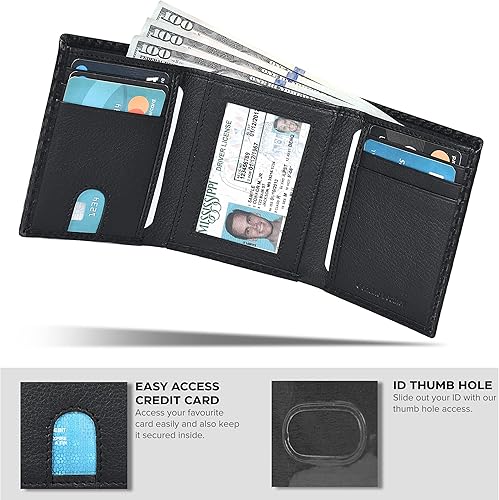 Miniatura 7 de Billetera triple de cuero real para hombre, delgada para tarjetas de crédito, soporte frontal para tarjetas de crédito, billeteras de triple pliegue