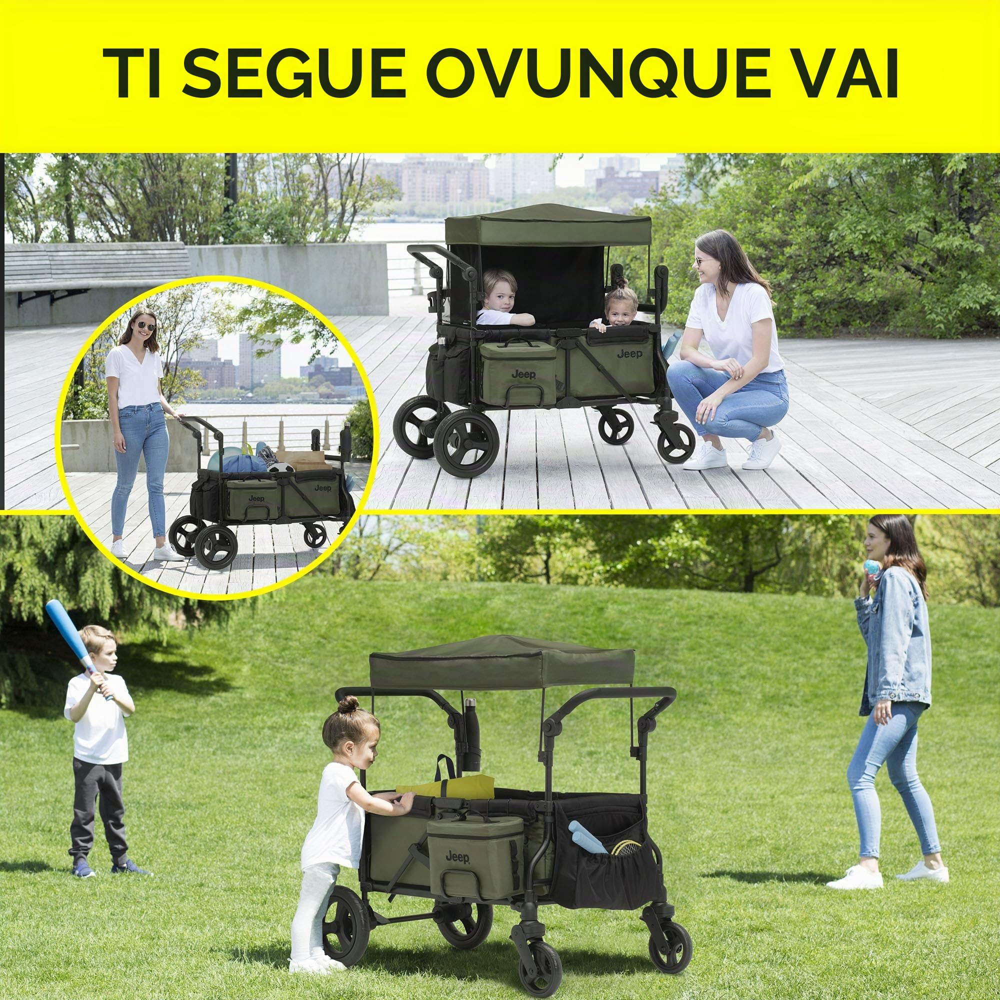 Delta Children Passeggino Jeep Deluxe Wrangler – include borsa frigo, organizer genitore e adattatore per seggiolino auto, nero/verde