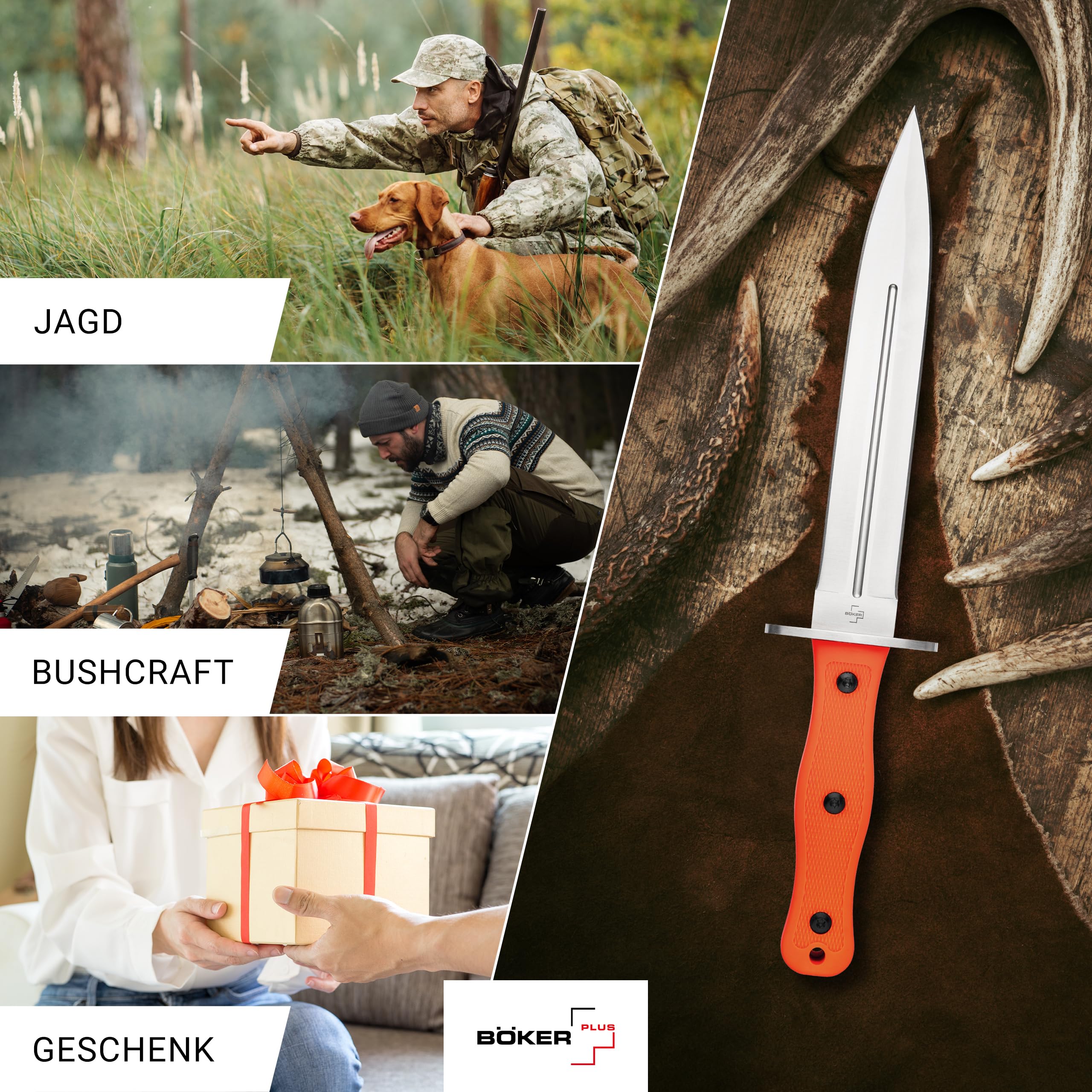 BÖKER PLUS® Boar Dagger - Abfangmesser für Rot- & Schwarz-Wild - zweischneidiges Jagdmesser feststehend - Hirsch- & Saufänger in Speer-Form - Fulltang Messer mit 22,9 cm Edelstahl Dolch Klinge