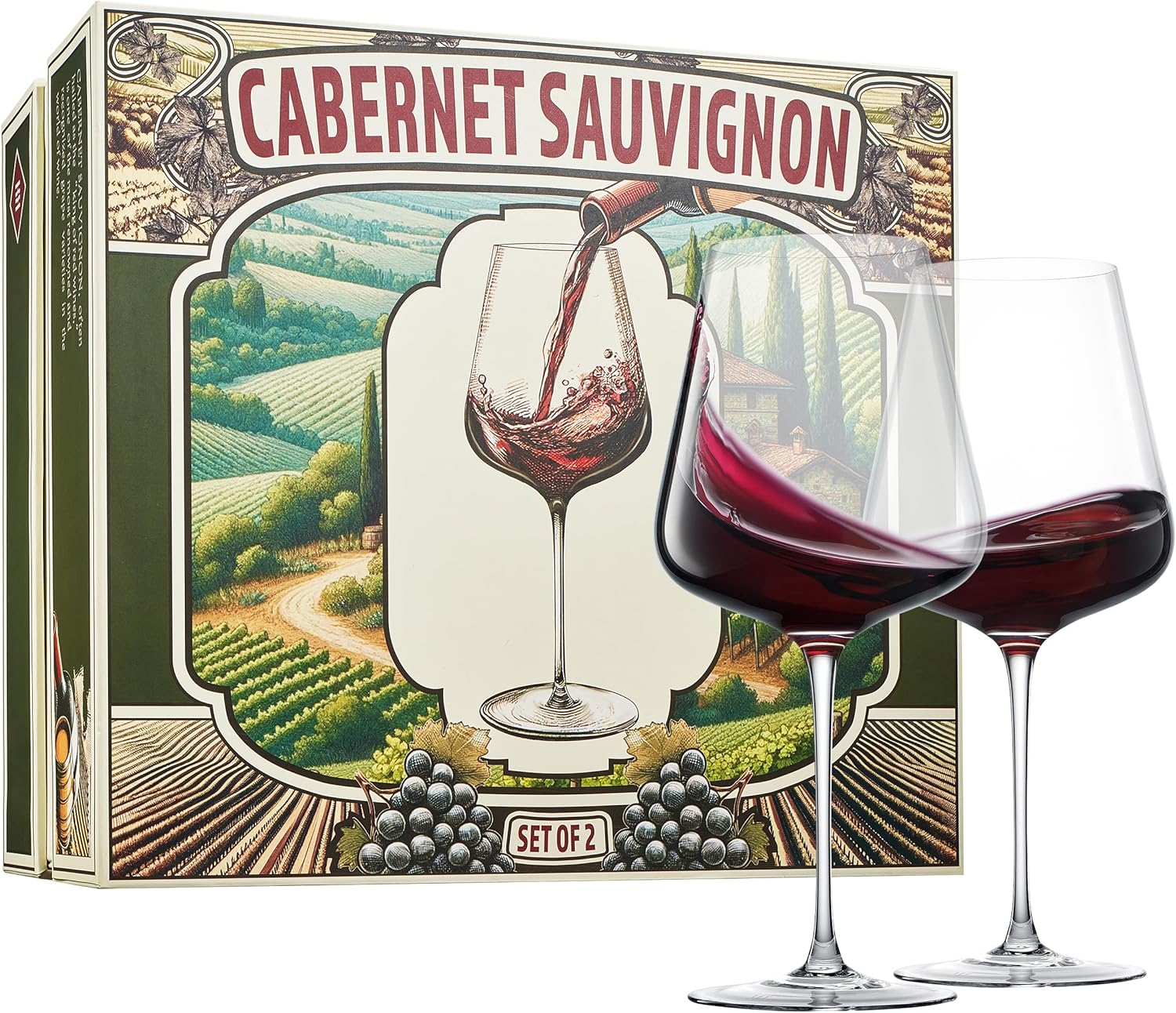 Khen Cabernet Sauvignon Explained Crystal Wine Glasses Hand Blown Italian Style | Set of 2 | Large 25oz Cabernets Definition Red Wine, Gift Box Explanation Packaging