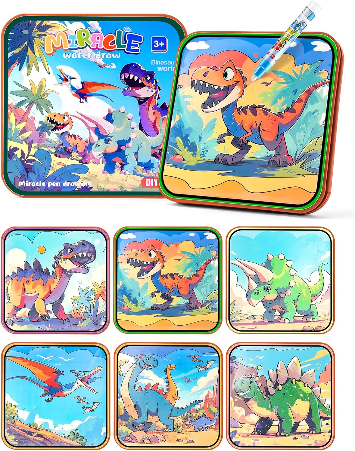 Dinosaur Reusable Water Painting Book Toys for Kids, Magic Watercolor Books Toy with Water Pen Fairy Tale for 3+ Ages Boys and Girls (Dinosaur)