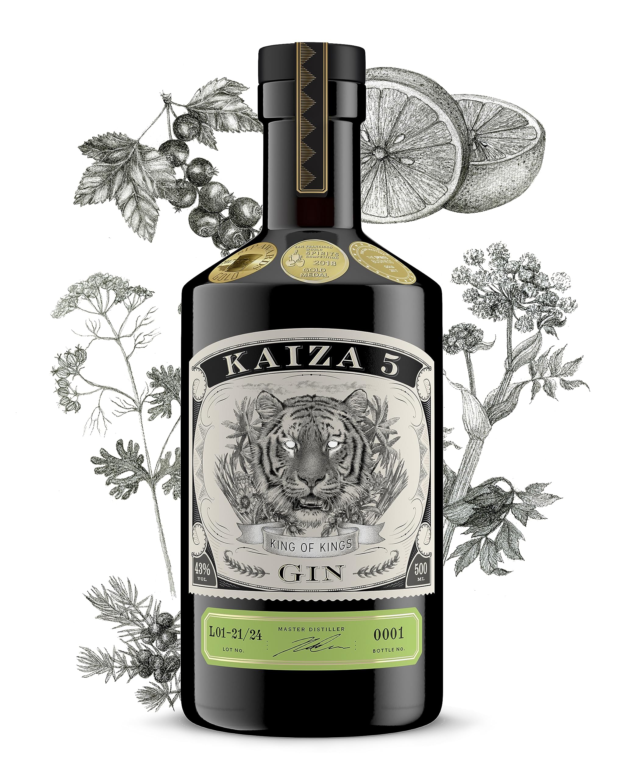 KAIZA 5 GIN - 0,5 l - 43% | Der ausgezeichnete Gin aus Südafrika/Kapstadt | Frisch, weich, exotisch mit schwarzer Johannisbeere und Grapefruit