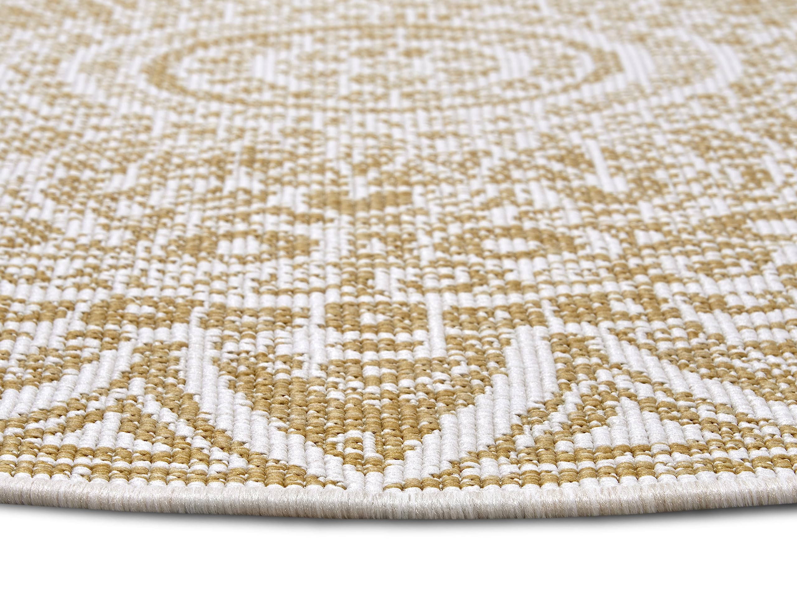 freundin Home Collection Lilja - Tappeto reversibile per interni ed esterni, rotondo, design bohémien, resistente alle intemperie e ai raggi UV, per balcone, terrazza, giardino, ocra, ø 140 cm