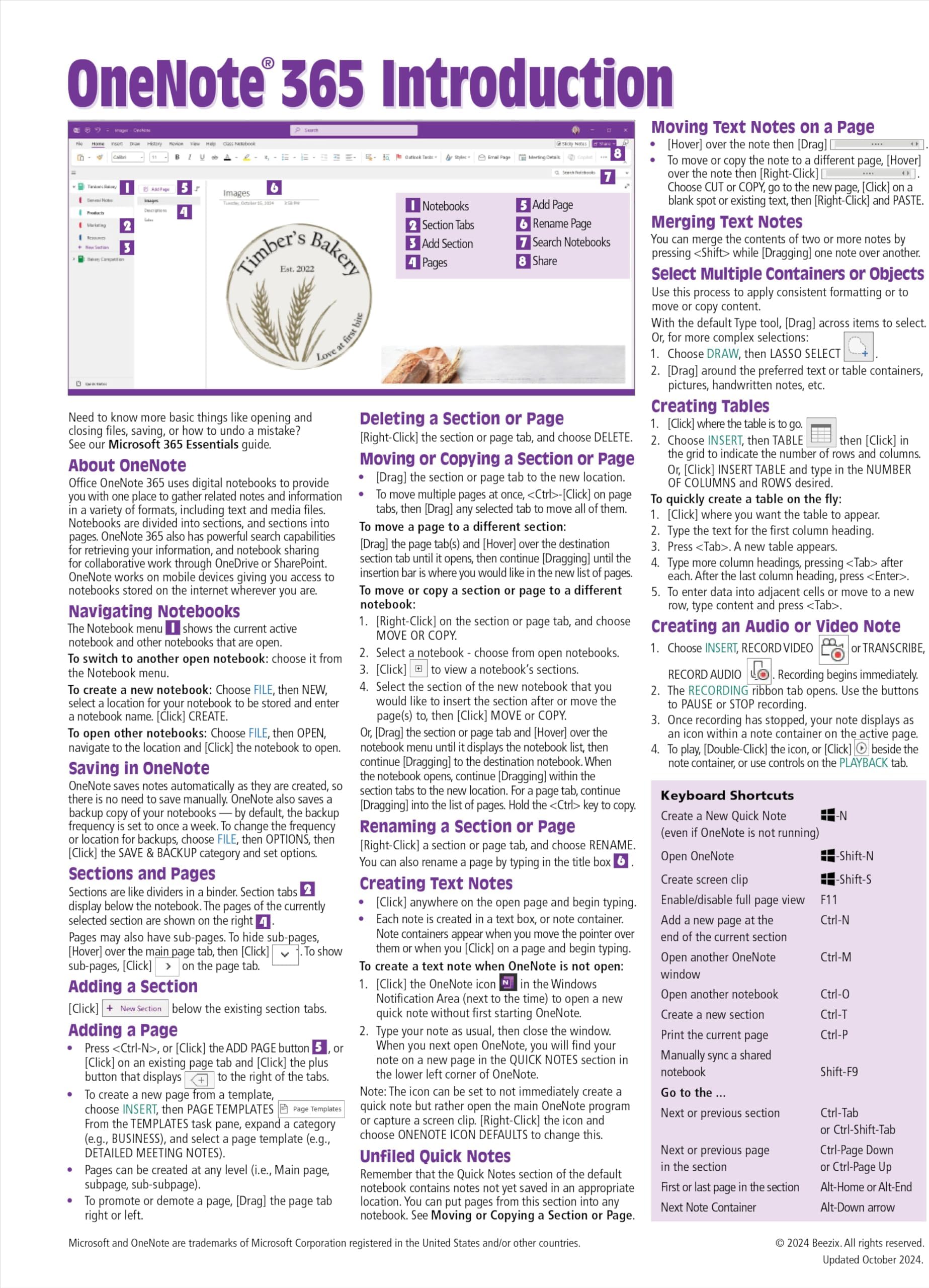 OneNote 365 Introduction Quick Reference Guide - Windows Version (Cheat Sheet of Instructions, Tips & Shortcuts - Laminated Card)