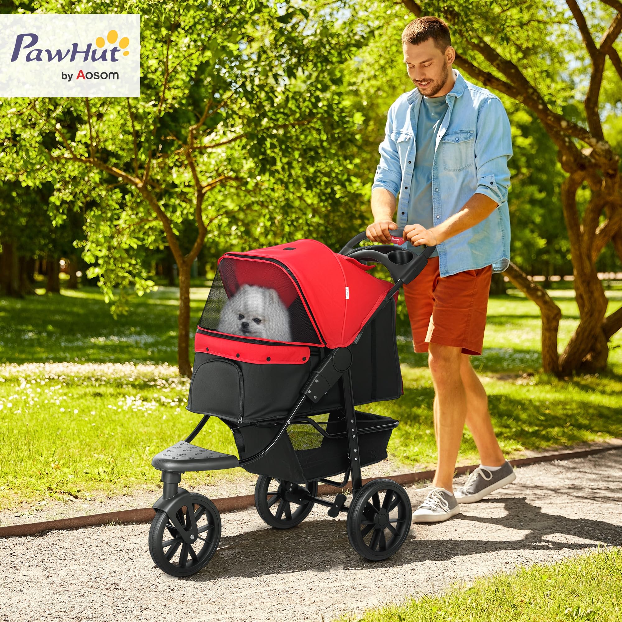 PawHut Poussette pour Chien Pliable 3 Roues Tout-Terrain 25kg - Grande Roue 12" Antichoc et Légère - Chariot Animaux avec Ouverture Arrière pour Petit Chien et Chiens Âgés de Moins de 10kg, Rouge