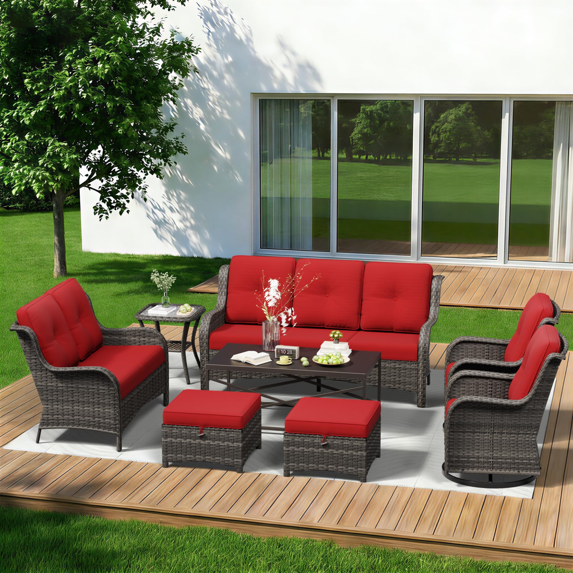 8 Piece Outdoor Wicker Patio Furniture Set, Outdoor Swivel Rocker Patio Chairs Set with Thickened Olefin Cushions, High Back and Deep Seating, Hand-Woven PE Rattan for Porch, Deck