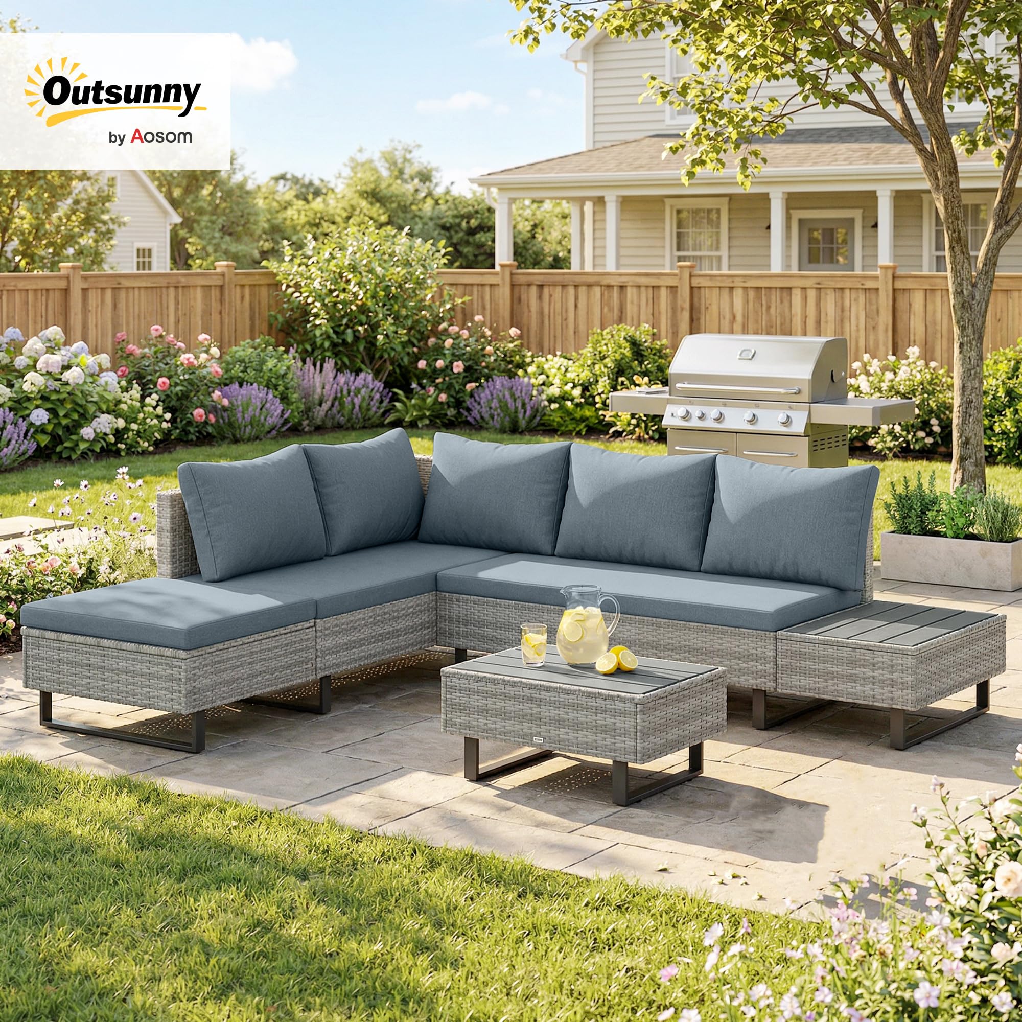 Outsunny Conjunto de Jardín de Ratán de 3 Piezas Respaldo Ajustable Gris | de Terraza, Conjunto Jardín Exterior, Incluye Cojines, Sofá de 3 Plazas, Sofá de 2 Plazas, Mesa de Madera Plástico