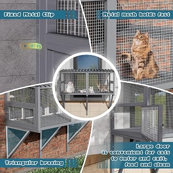 Cat Catio, Cat Window Box for Multiple Indoor Cats, Catio Pet Perch with Metal Mesh Locking Side Door, Wooden Enclosure Window All Weather Use 360 Enjoying Outdoors (Gray, Large)