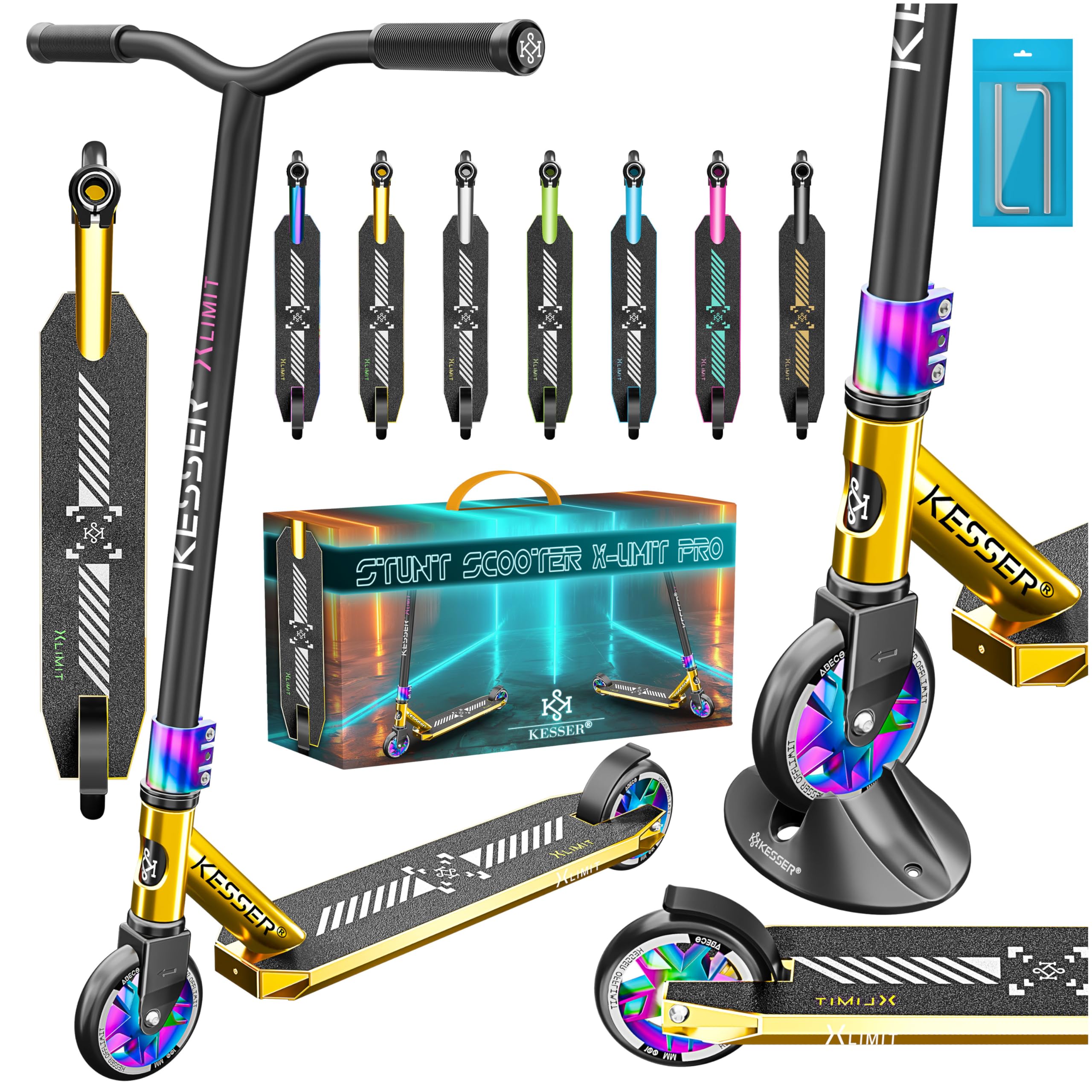 KESSER® Patinete acrobático X-Limit-Pro, Funscooter con dirección de 360Ḟ, Patinete acrobático con Soporte, rodamientos de Bolas ABEC 9, Ruedas de PU de 110 mm, Patinete Scooter,