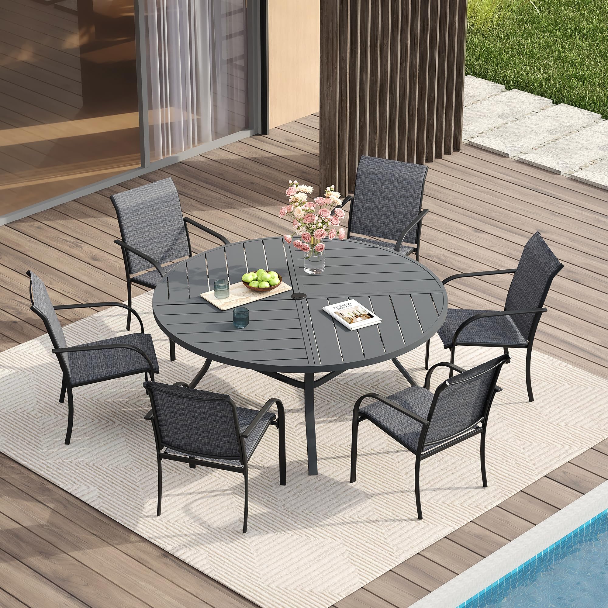 VICLLAX Patio Table and Chair Set of 6, All Weather Metal Round Outdoor Dining Furniture Set-50 Round Outdoor Table and Chairs, Grey Tabletop