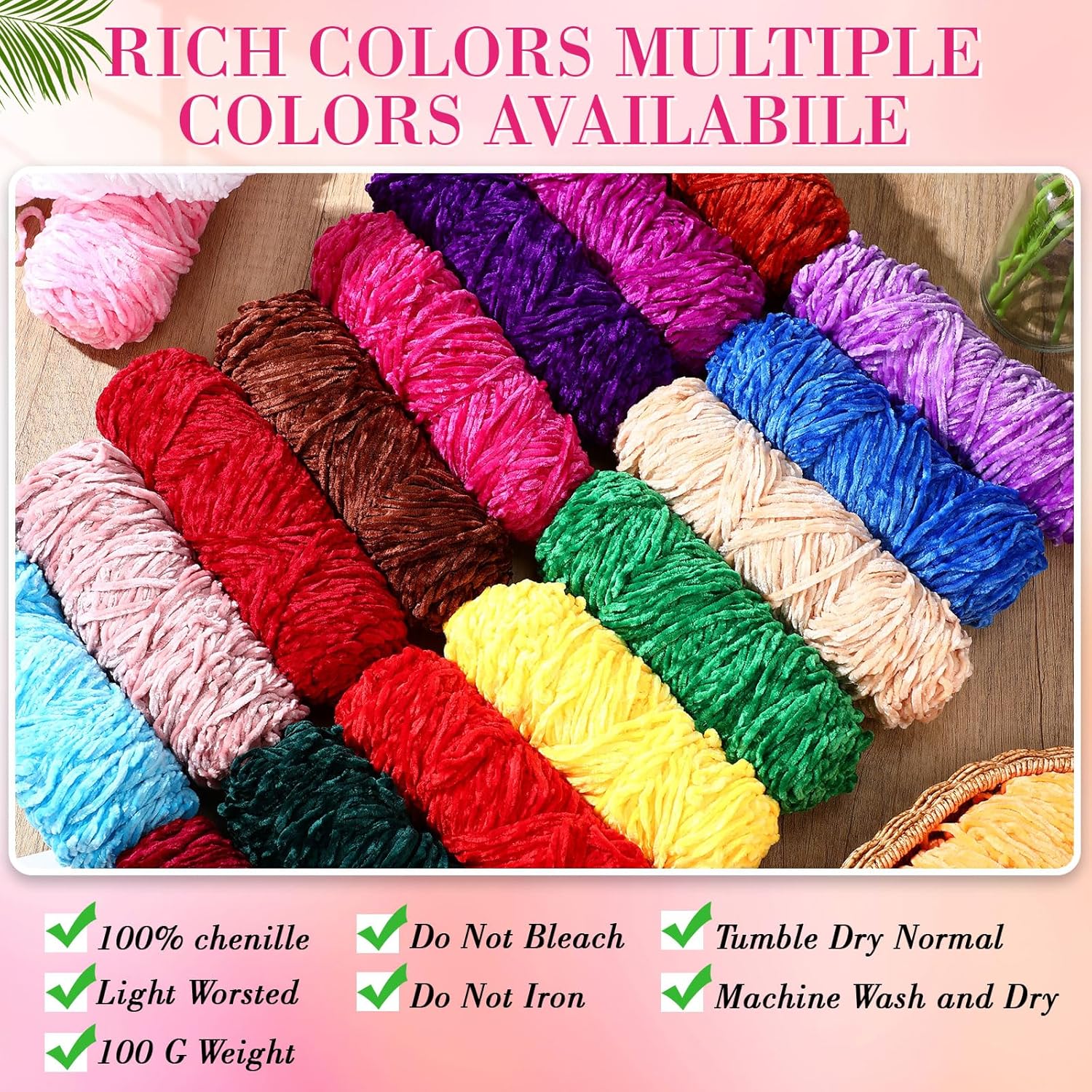 Threlaco 40 Pcs Chunky Chenille Yarn for Crocheting, 5240 Yards Bulky Soft Velvet Blanket Yarn for Hand Knitting Weaving DIY Craft, 3.35oz/100g Per Roll(Bright Colors)