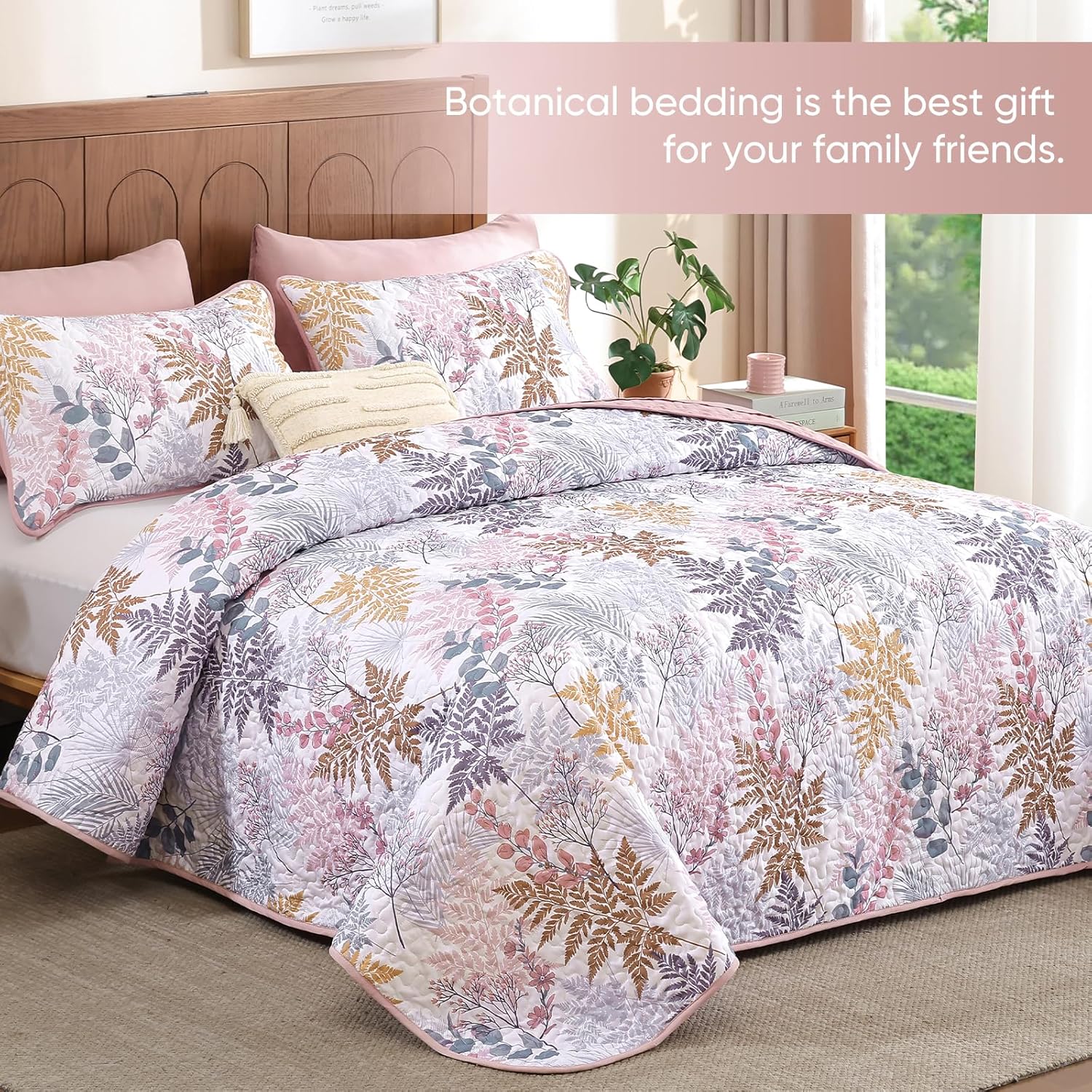WONGS BEDDING Botanical Quilt Set King Size,Pink Quilt with Colorful Leaves Pattern, 3 Pieces Soft Lightweight Microfiber Coverlet Set with 2 Pillowcases for All Season (104"x90")