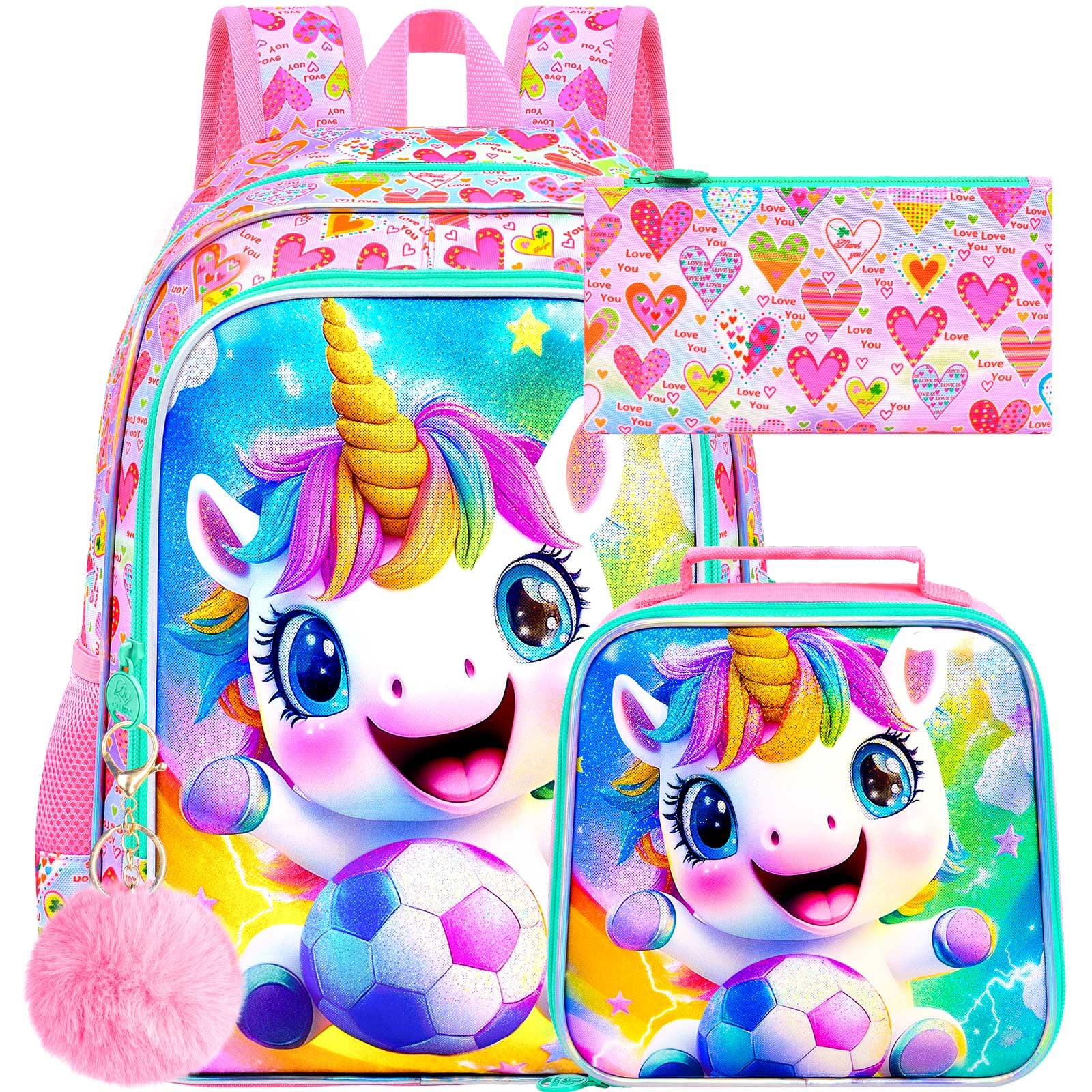 HPJGD 3PCS Kids Unicorn Backpack for Girls, Soccer Bookbag Set with Lunch Box, Cute Water Resistant Elementary School Bag for Preschool Toddler - Pink Unicorn with Football