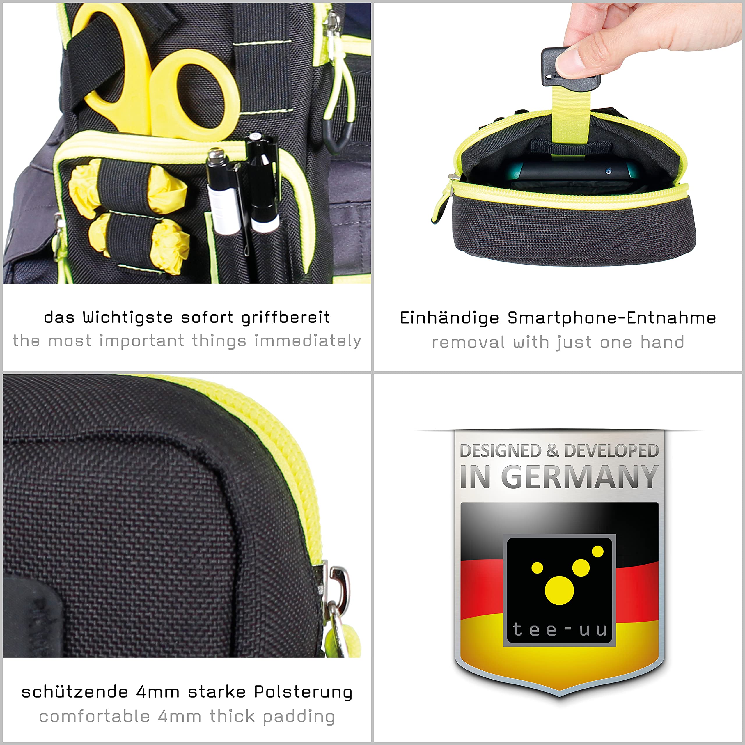 tee-uu Zip Plus Fondina nera | Custodia all-in-one | Servizio o uso domestico | Diverse possibilità di utilizzo | Servizio di soccorso | Vacanze | Scomparto per forbici | Spazio per stetoscopio
