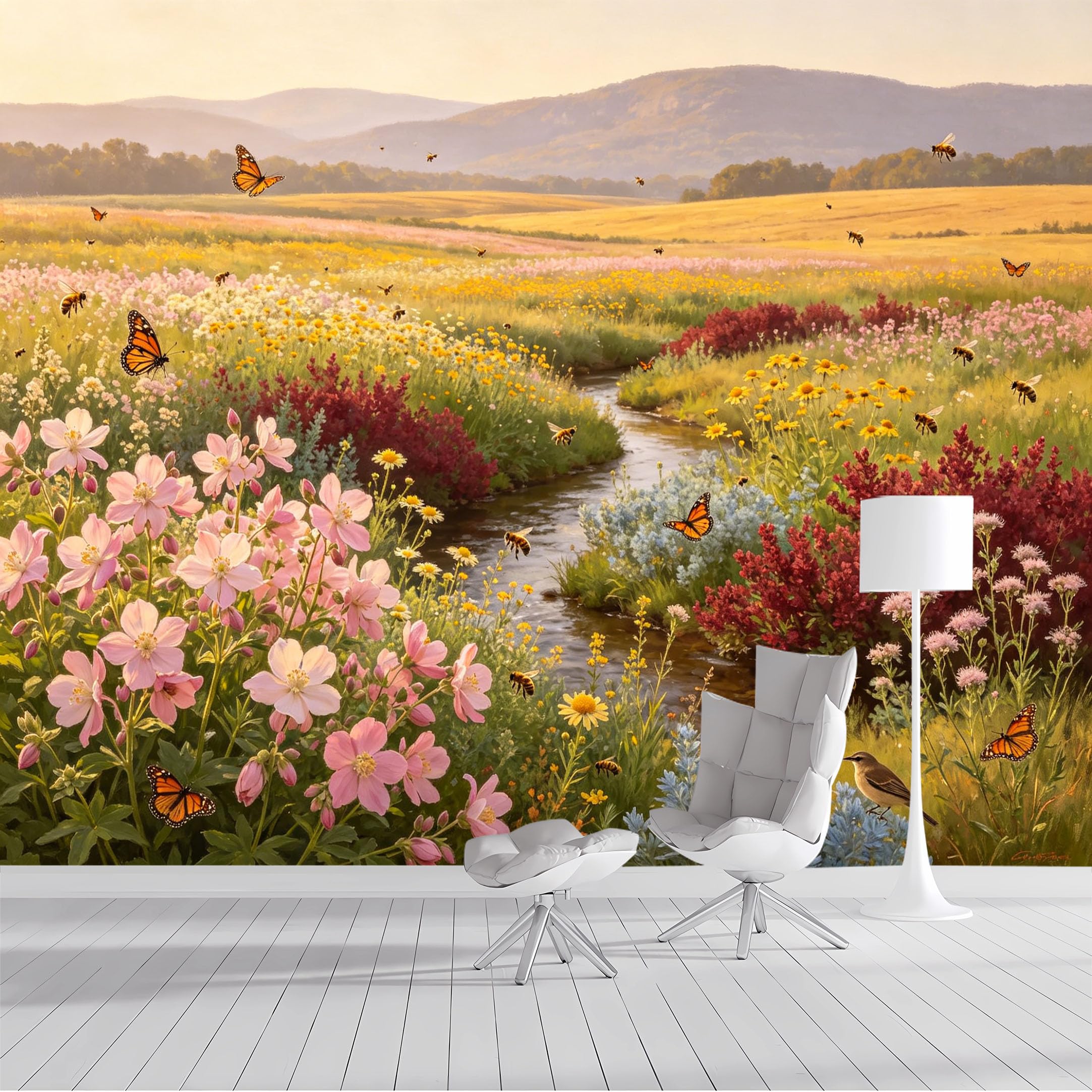 Custom Size Wall Mural Butterflies Bees Meadow Landscape Watercolor SelfAdhesive Wall Fabric Removable Peel and Stick Wallpaper Wall Decor for Living Room Bedroom Bathroom