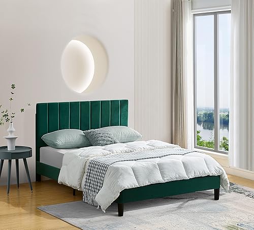 Miniatura 3 de Prohon Base de cama de tamaño matrimonial con cabecera de diseño de rayas verticales, base de colchón de plataforma tapizada, base de colchón