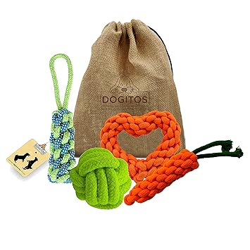 Dogitos Cotton Rope Toys for Dogs and Puppies Knotted Cotton Ball, Heart Rope Toy, Carrot Chew Toy, Knotted Cotton Dumbbell Toys Combo Pack of 4 in 1 for Small & Medium Size Dogs (Color May Vary)