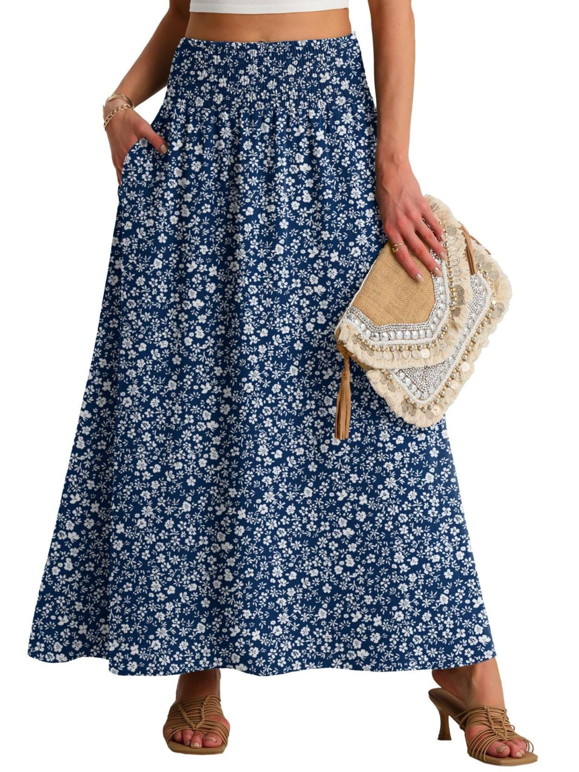 QIXING Damen Sommerrock Lang A-Linie Smocked Hohe Taille Swing Plisseerock mit Taschen Boho Maxirock