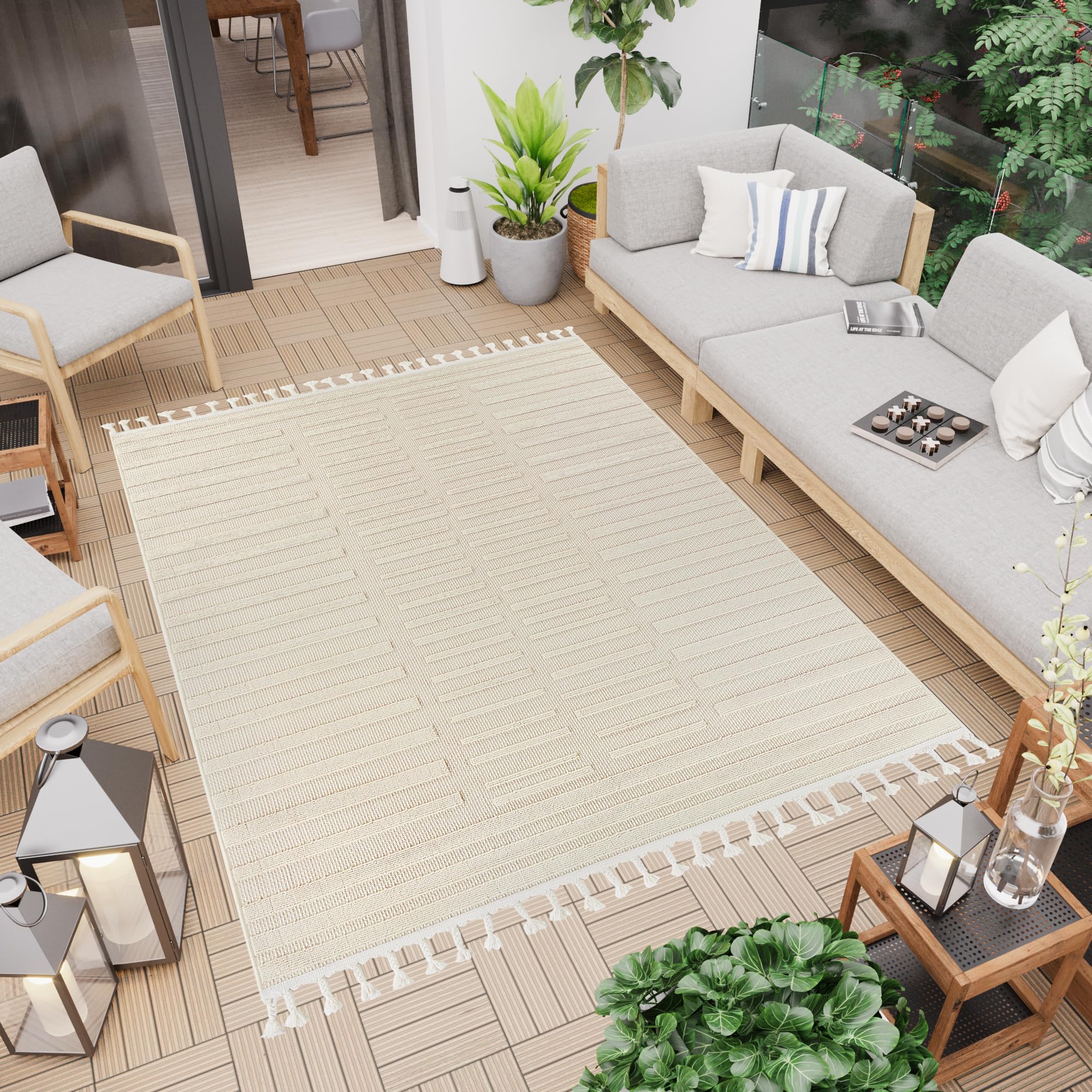 TAPISO Rio Loop Tapis Extérieur Intérieur à Franges Terrasse Balcon Jardin d'hiver Salon Cuisine Moderne Crème Rayé Aspect 3D Résistant aux Intempéries Oeko-TEX 200 x 300 cm