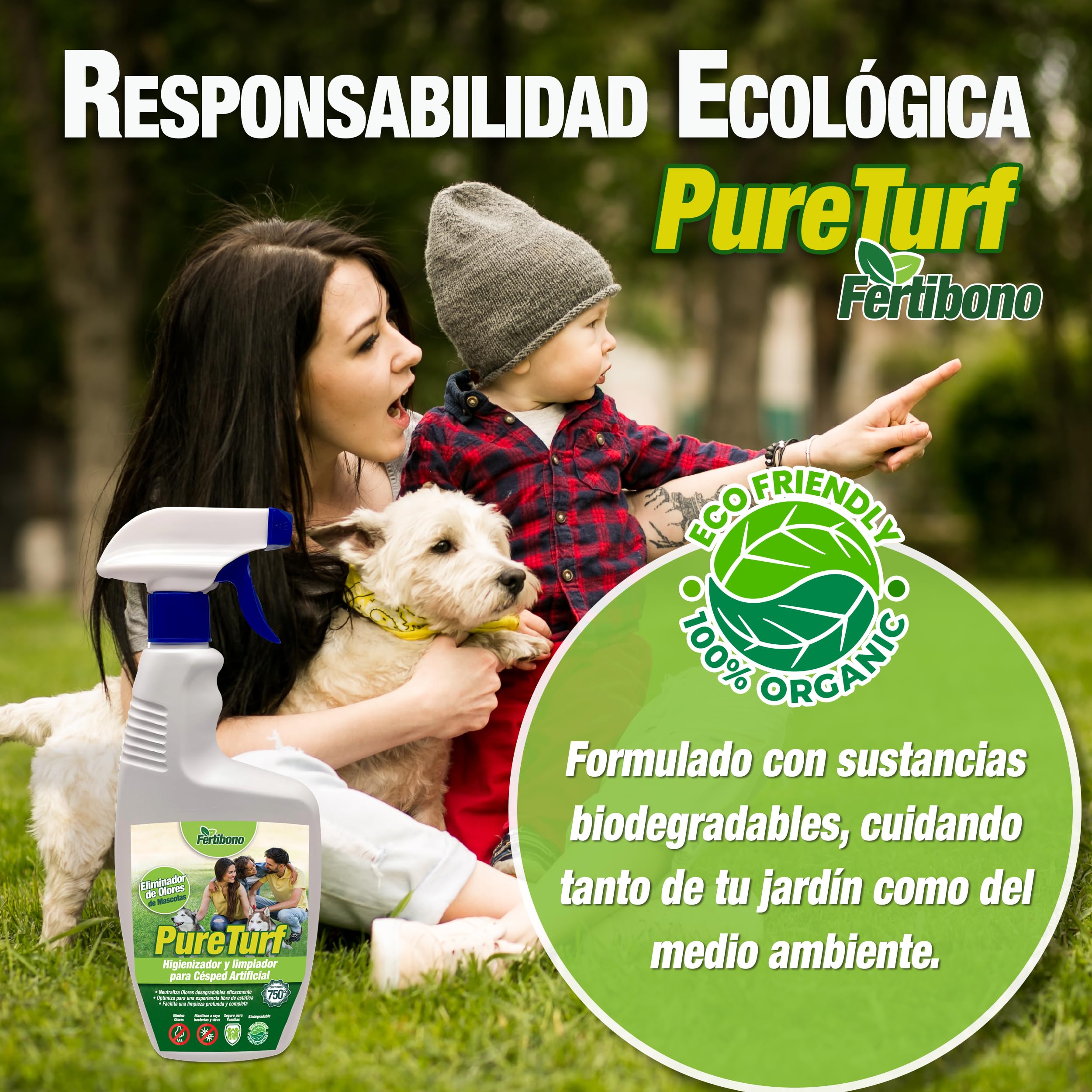 Fertibono PureTurf, Limpiador e Higienizador de Césped Artificial - (750 ml) - Eliminador de Olores de Mascotas, Seguro para Familias