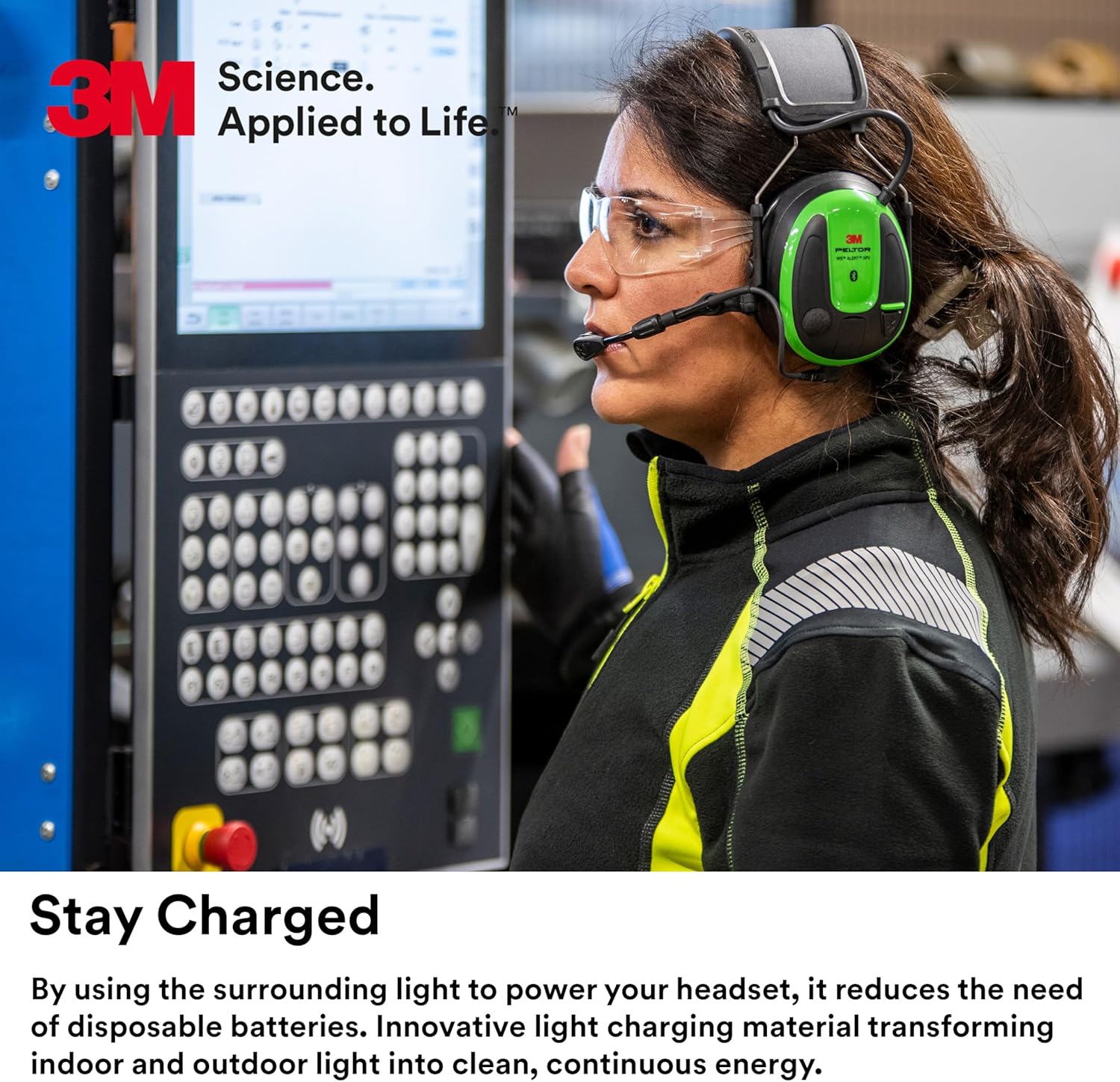 3M PELTOR WS ALERT XPV Headset, Solar Powered, MRX21A1WS7, Headband, Connected Equipment App, MultiPoint Bluetooth, Noise Cancelling Microphone, 22 dB, Green