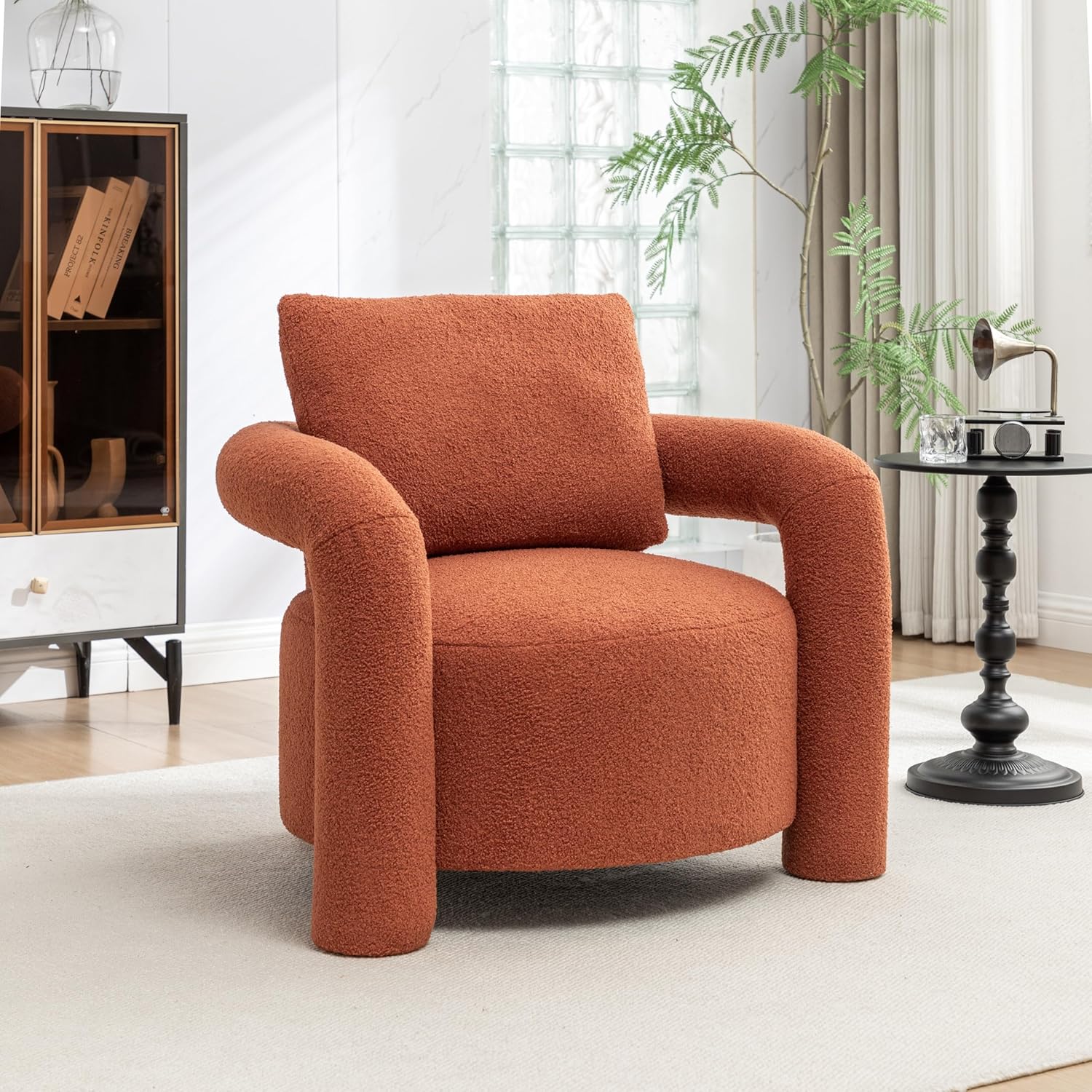 Modern Sherpa Boucle Accent Chair,Teddy Upholstered Armchair,Vanity Chair Single Sofa,Cozy Fluffy Reading Chair for Living Room,Vanity,Office,Bedroom,Corner(Orange)