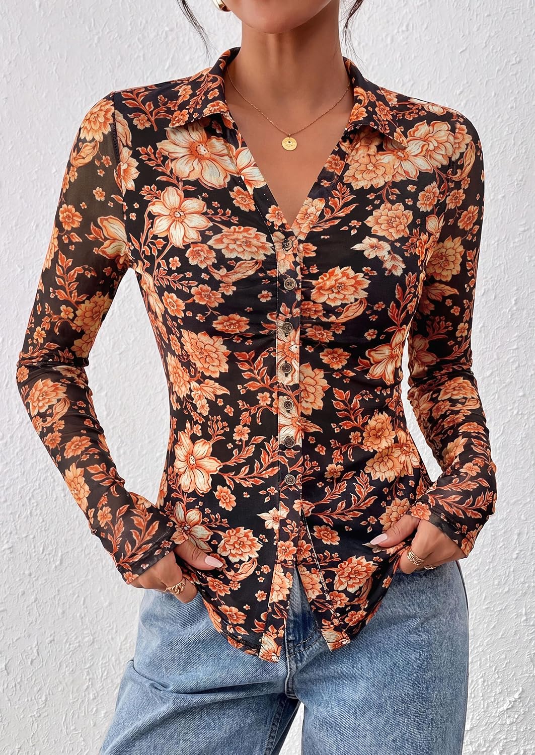 PRETTYGARDEN Women's Button Down Shirts Boho Mesh Floral Going Out Tops