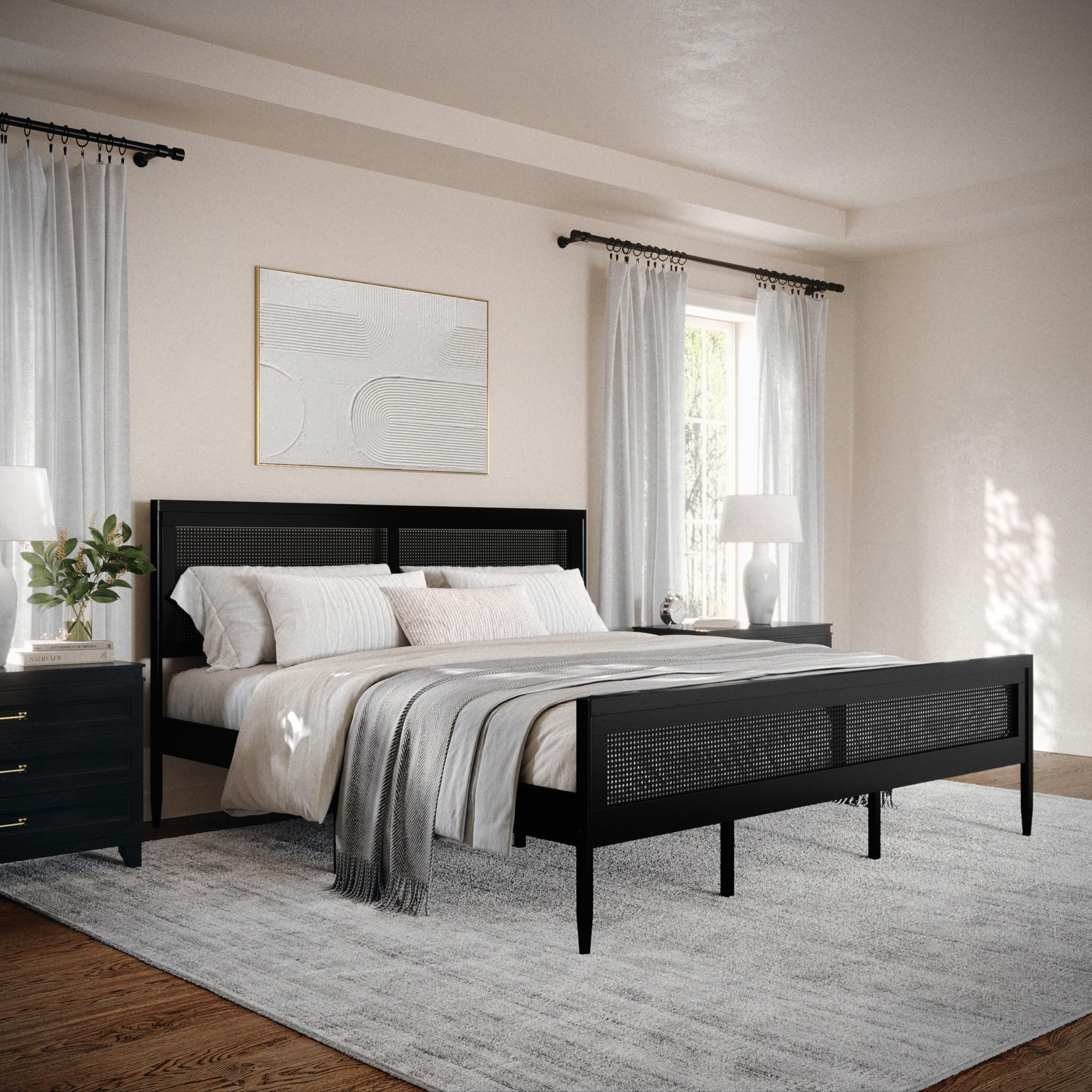 Martha Stewart Jax Platform Bed with Rattan Headboard and Footboard, Solid Wood Frame, Wooden Support Slats, No Box Spring Needed, King Size, Black