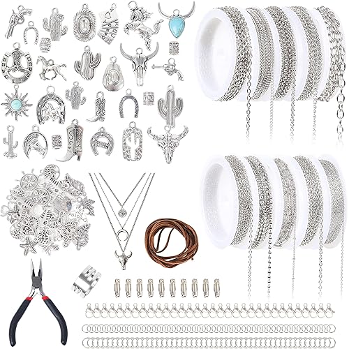 Meneng Necklace Jewelry Making Kit: 10 Rolls 78.7 Feet Silver Stainless Steel Chains for DIY Western Necklace Bracelet - Jewelry Making Supplies for Beginners
