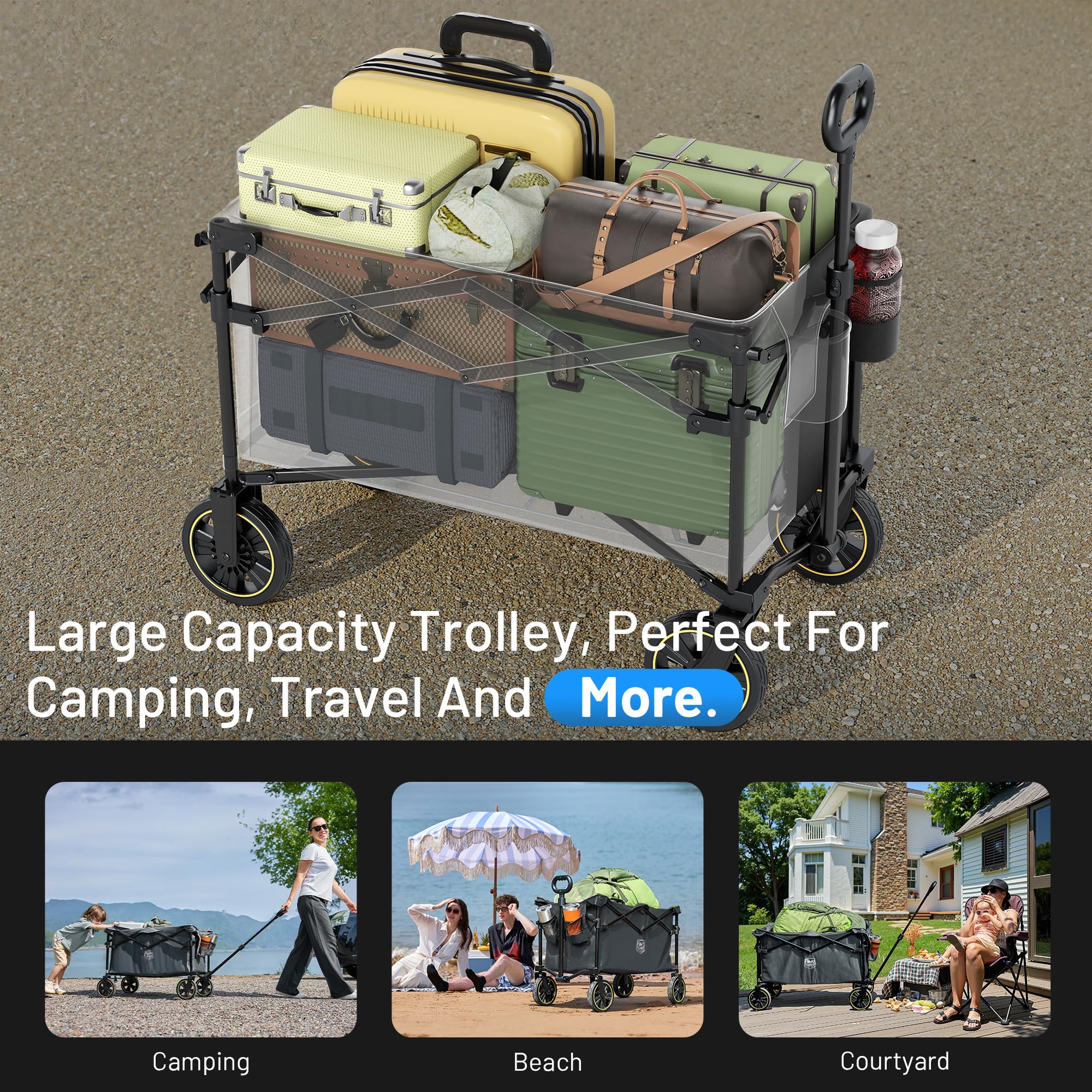 TIMBER RIDGE Carro Camping Plegable 200L con Portavasos Mango Ajustable Carro de Jardín para Todos los Terrenos Al Aire Libre Camping Compras Pesca Carga MAX 150kg