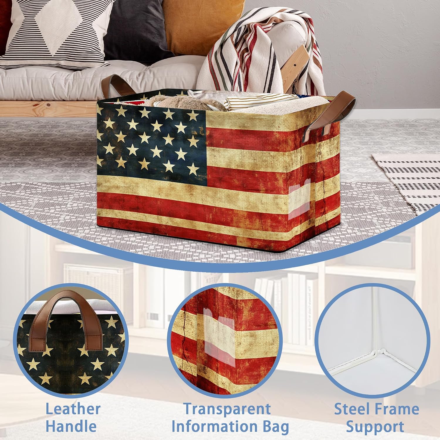 Vintage Flag Storage Baskets,Foldable Large Capacity Organizer Bins with Waterproof Lining and Leather Handles for Closet,Shelf,Bedroom 17x11.5x10Inch image 3