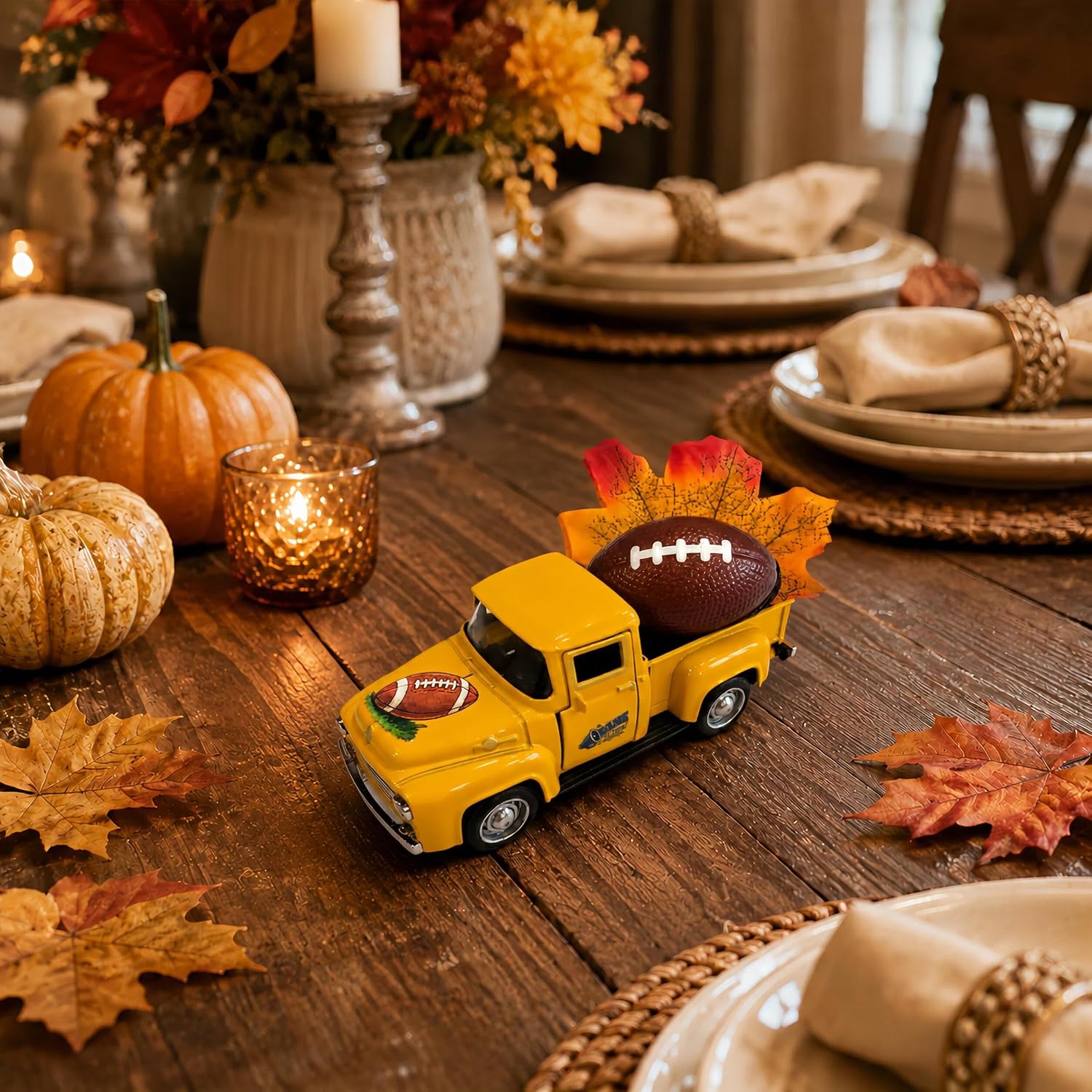 Fall Football Decorations, 5.7 x 2.3 x 2 Inch Orange Diecast Pickup Truck with Maple Leaves, Autumn Tabletop Decor for Home, Office Desk, Tiered Tray and Game Day Party