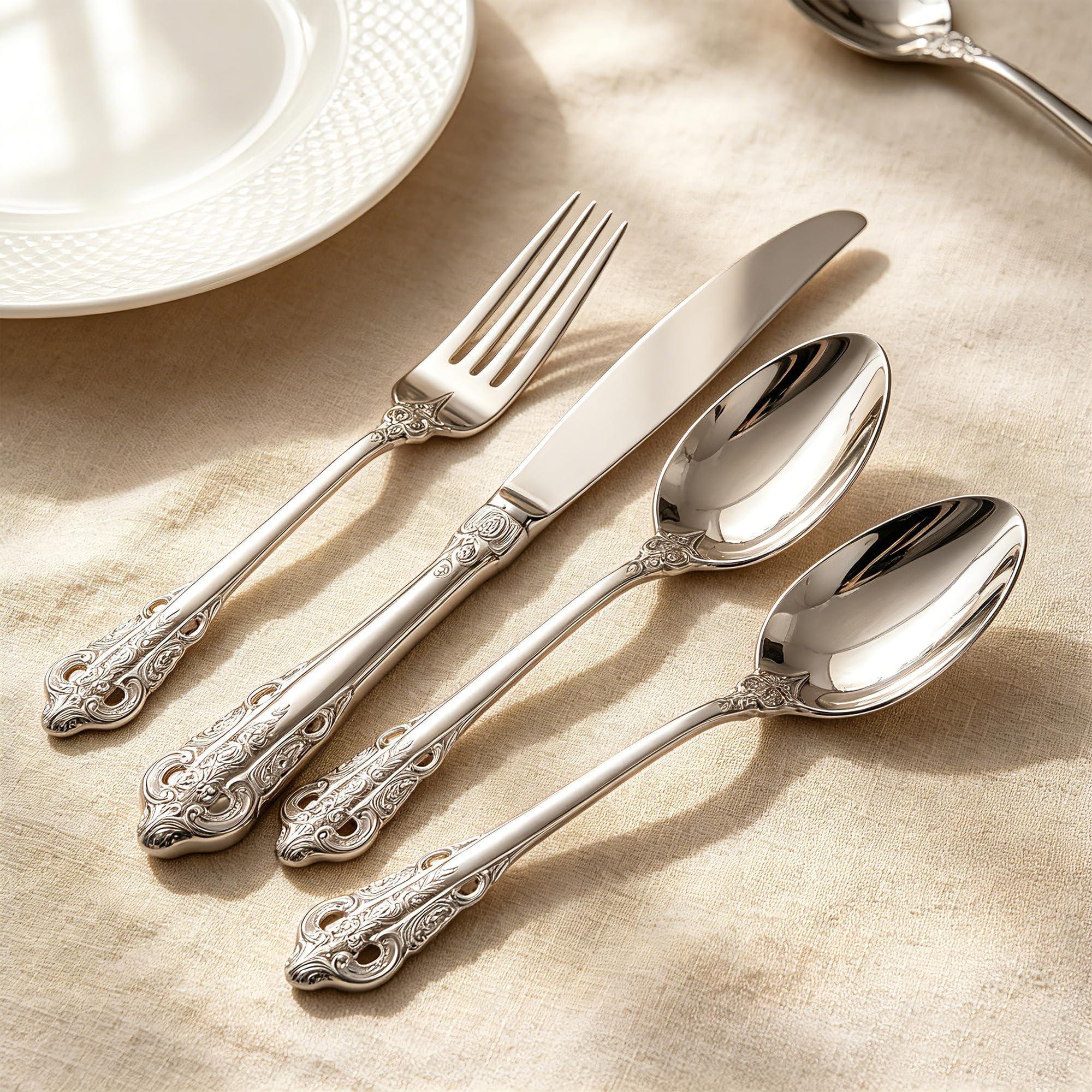 Prächtiges Barock Silber 18/10 Edelstahl Besteck-Set mit 20 Teilen, rostfreies Edelstahl Besteck inklusive Gabel, Löffel und Messer mit Geschenkbox