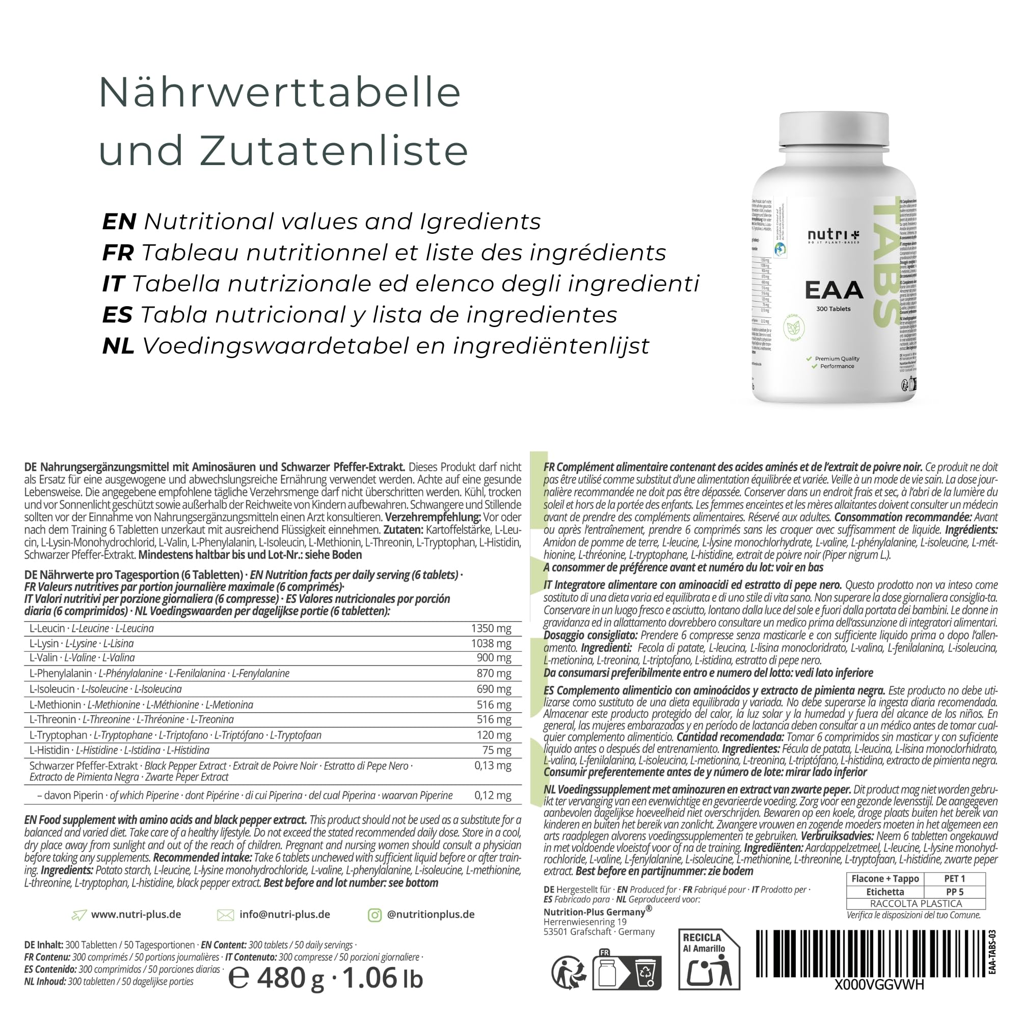 Nutri + EAA Comprimidos Alta Dosis Veganos - 300 Tabletas de 1025 mg - Aminoácidos Esenciales para Desarrollo Muscular - Suplemento de Aminoácido