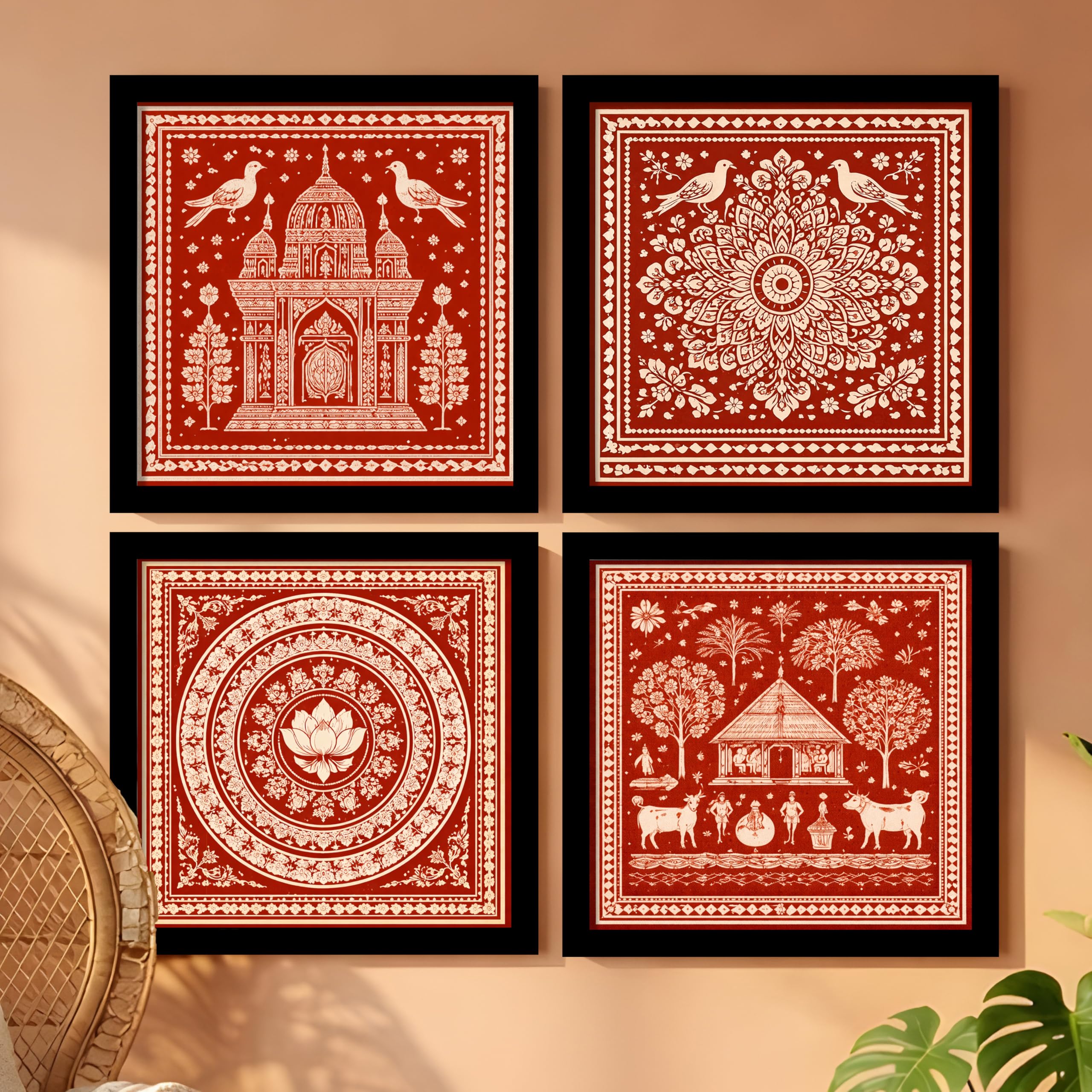 PAINTINGMANTRA Warli Aipan Folk Set of 4 Framed Posters For Living Room | Vastu Indian Harmony Wall Art Home Decor for Livingroom, Vastu Place, Bedroom, Hallways, Office, Hotel - 33x33 cm-image-13