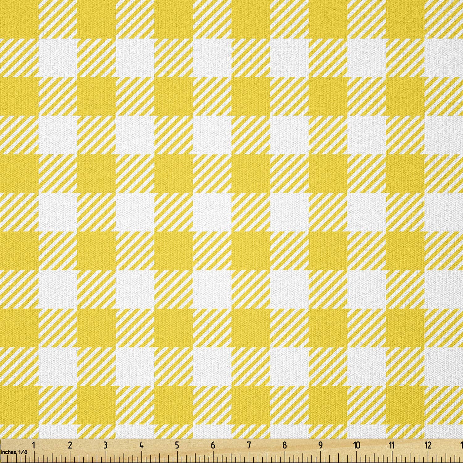 Lunarable Abstract Fabric by The Yard, Spring Summer Season Inspired Checkered Vivid Classic Retro Style Pattern, Stretch Knit Fabric for Clothing Sewing and Arts Crafts, 3 Yards, White Yellow