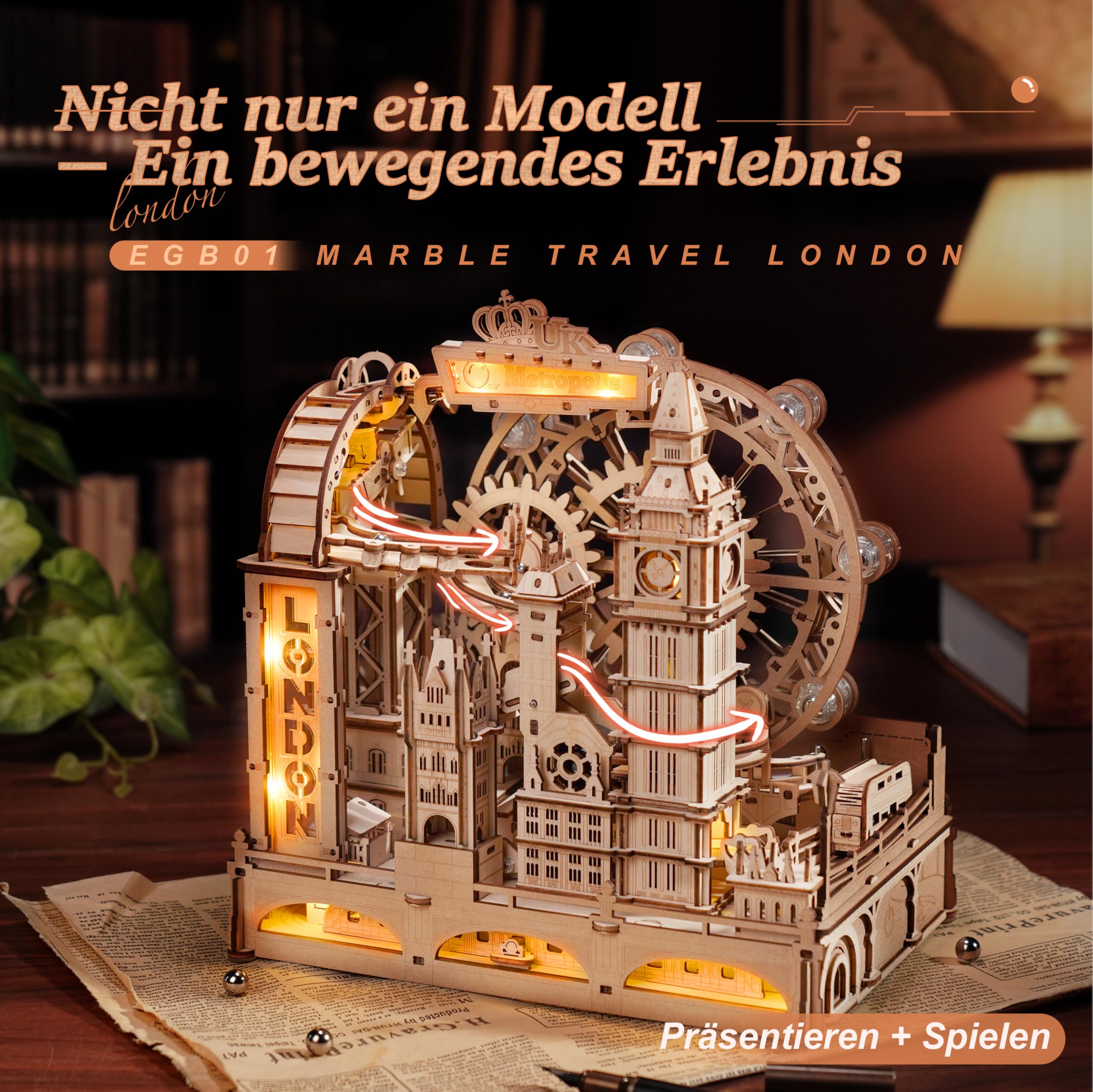 ROBOTIME EGB01 3D-Puzzle aus Holz mit Murmelbahn, Modellbausatz London mit Lichtern, mechanischer Bausatz für Erwachsene und Jugendliche, dekoratives und pädagogisches Geschenk