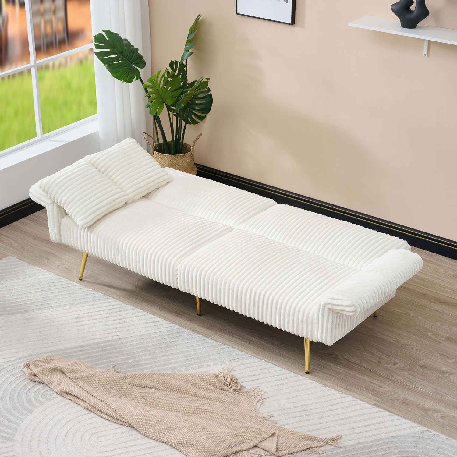 Modern Cozy Futon Sofa Bed, White Loveseat with Adjustable Backrest and Armrests, Corduroy Couch with Pillows Pocket for Small Spaces, Living Room, Apartment Or Office (White)