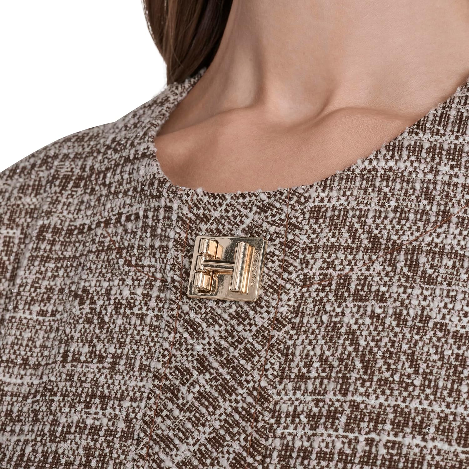 Halston Womens Tweed Short Sleeve Above The Knee Hardware Detail Dress - Image 5