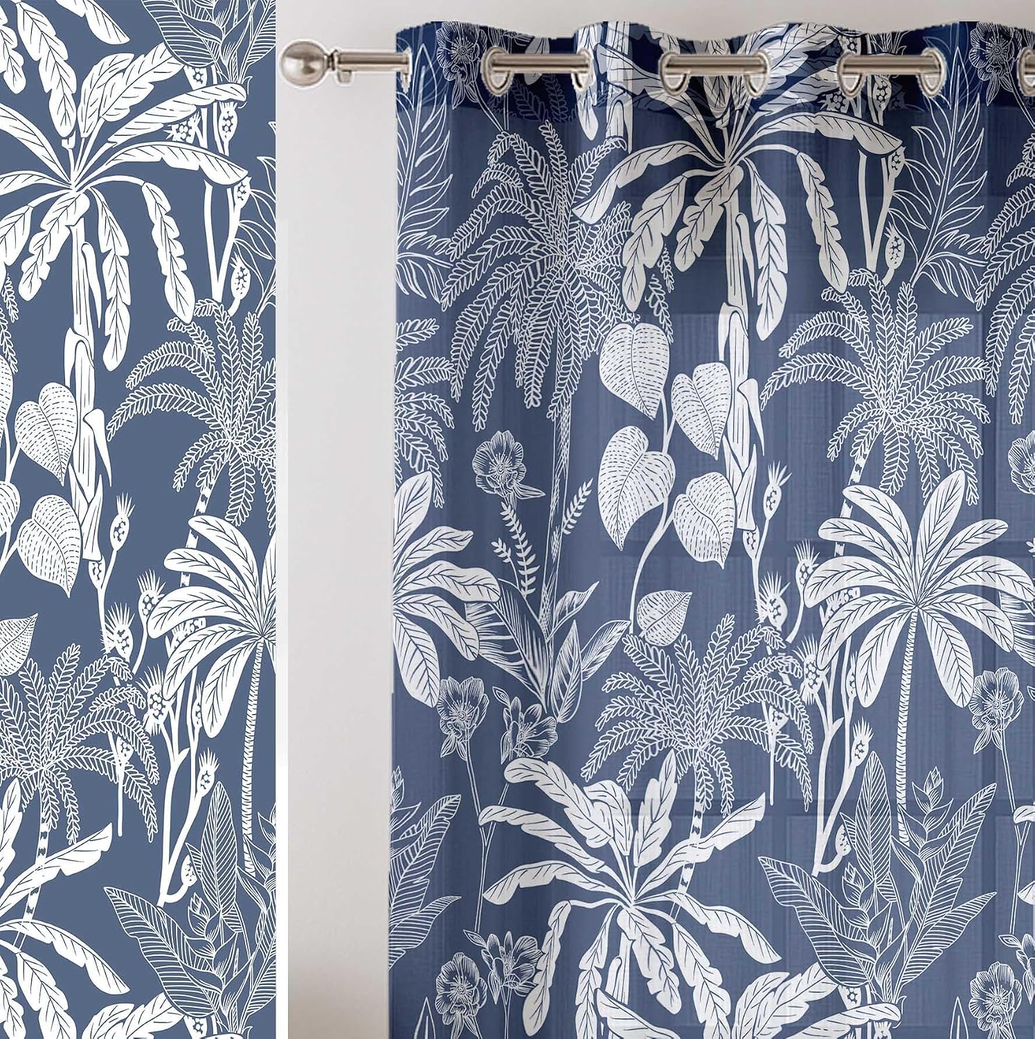 Blue Tropical Tree Pattern Sheer Curtains for Short Windows - Set of 2 Panels, 63", Grommet Top, Printed Georgette, Light Filtering Drapes for Kitchen or Bedroom