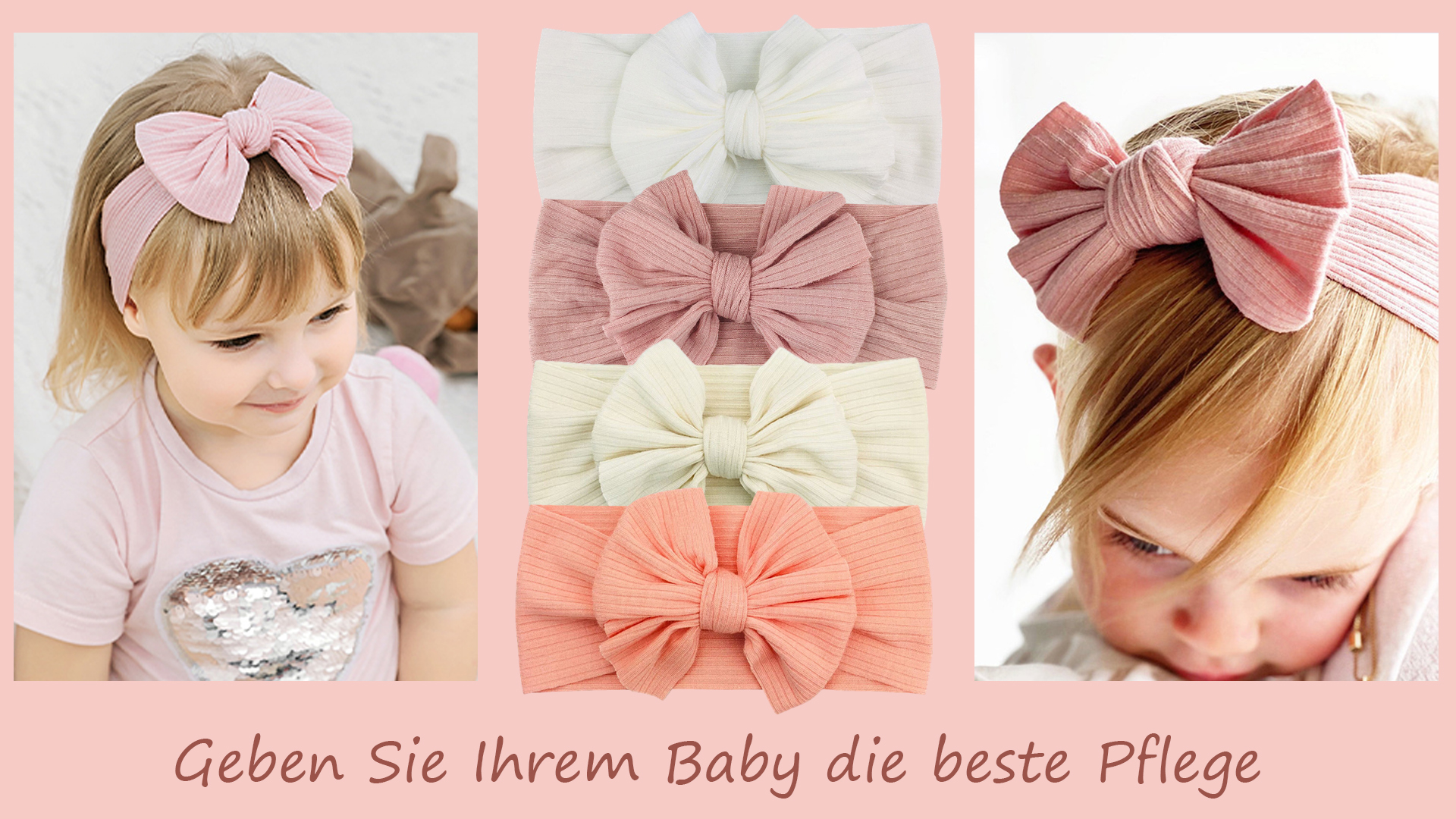 Set 4 Fasce Per Bambina - In Cotone Elastico, Con Fiocchi, Taglia Unica 0-3 Anni (Rosa, Bianco, Beige, Pesca) - Foto 2