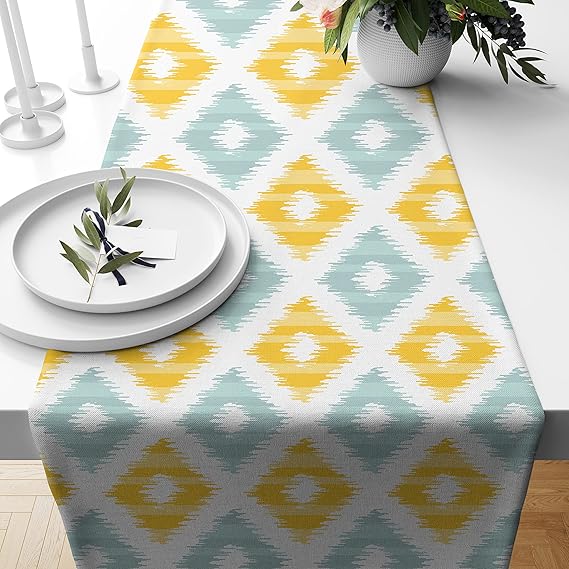 Buy STITCHNEST Ikat Yellow Teal Printed Poly Cotton Table Runner and