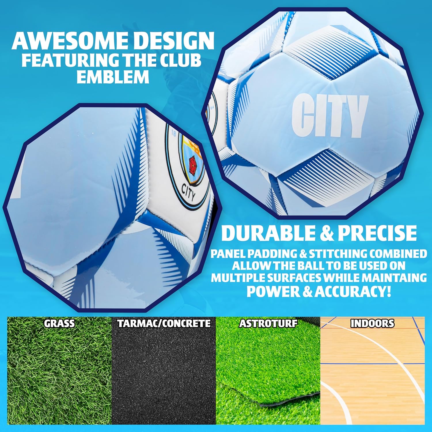 Manchester City F.C. Football Soccer Ball for Adults Teenagers Training Football Size 3, 4 or 5 Man City Merchandise