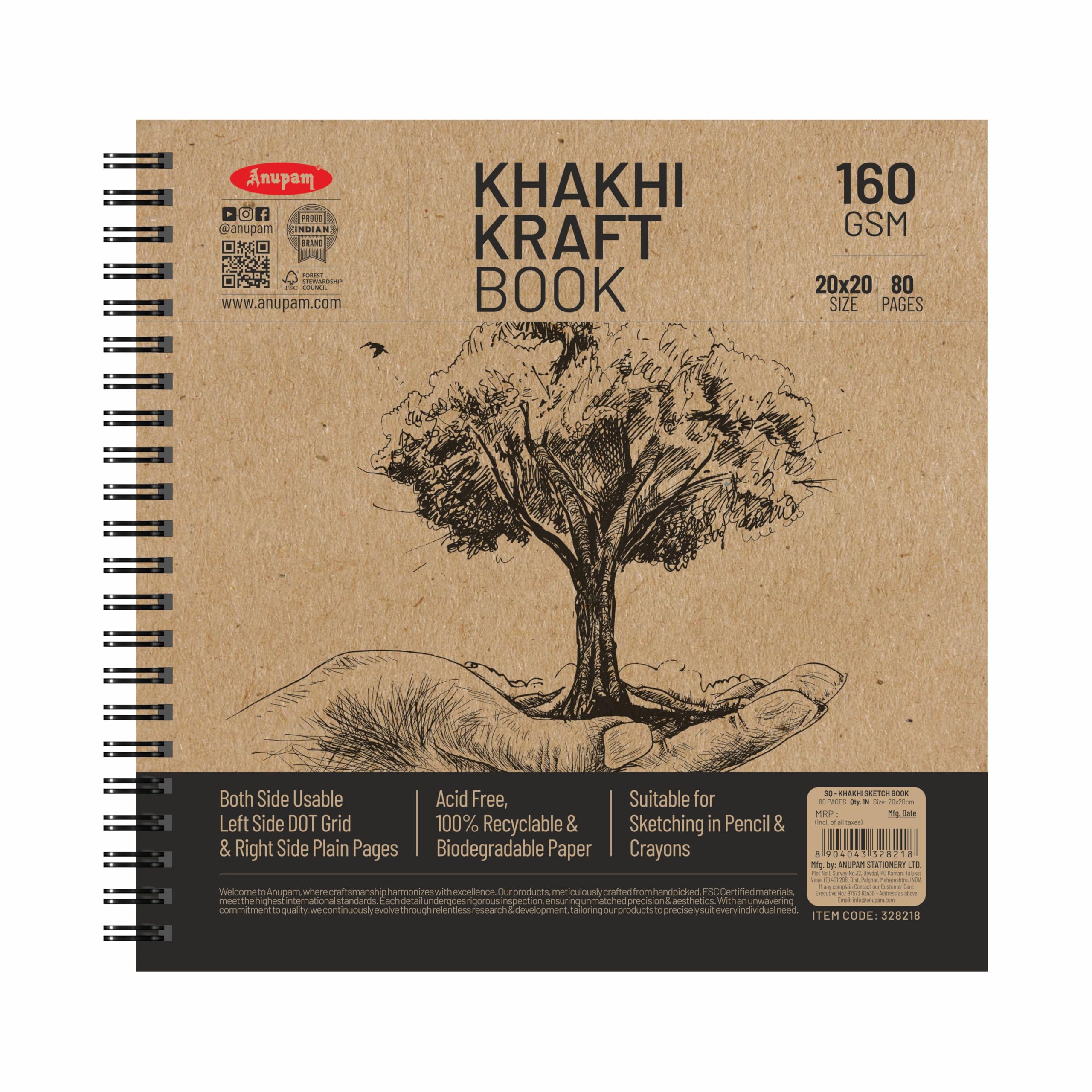 Anupam Khakhi - Libro de papel kraft 100% reciclado Wire-O de 160 g/m², 80 páginas, cuadrícula de puntos por un lado y otro lado liso (tamaño cuadrado)
