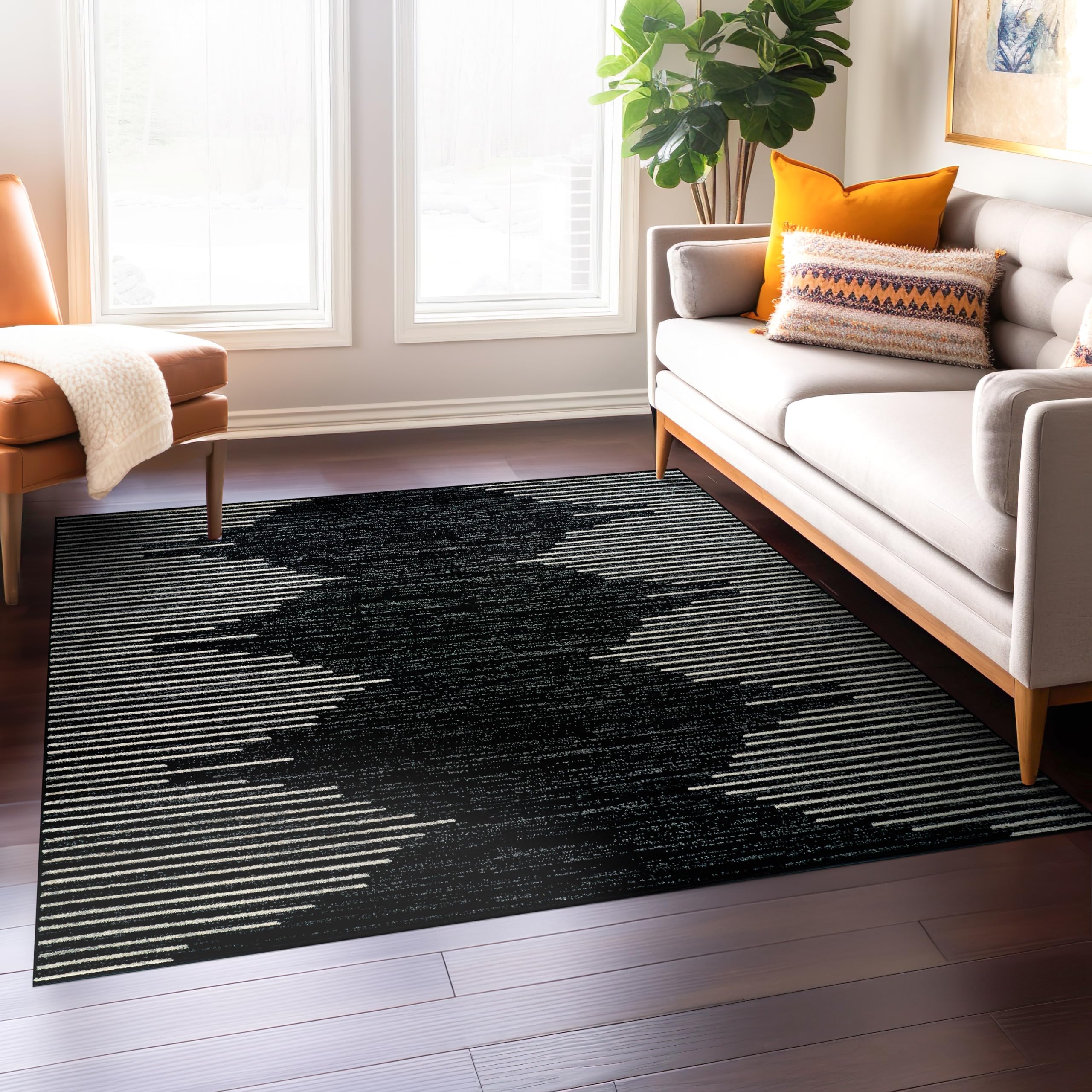Rugshop Bohemian Stripe Stain Resistant High Traffic Living Room Kitchen Bedroom Dining Home Office Square Area Rug 6'6" x 6'6" Black