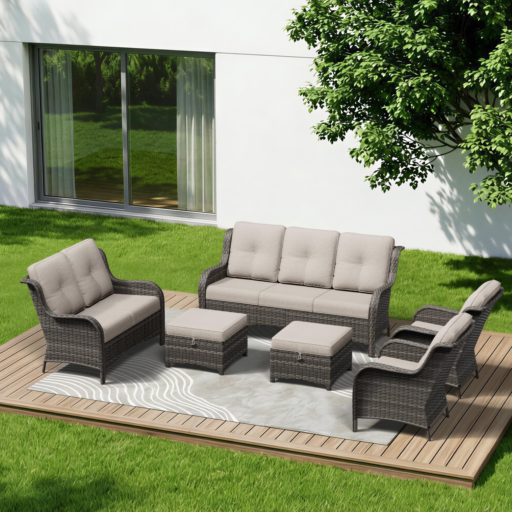 6 Piece Outdoor Wicker Patio Furniture Set, Patio Chairs Set with Thickened Olefin Cushions, High Back and Deep Seating, Hand-Woven PE Rattan, Ottoman for Porch, Deck