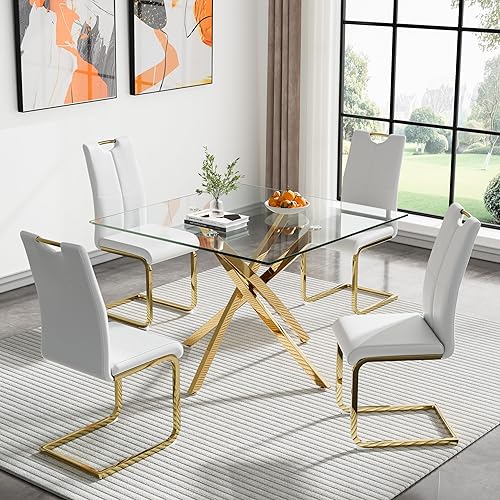 Miniatura 32 de Juego de 4 mesas de comedor modernas de 5 piezas, mesas de comedor redondas de vidrio templado de 36 pulgadas y 4 sillas de comedor negras de cuero,